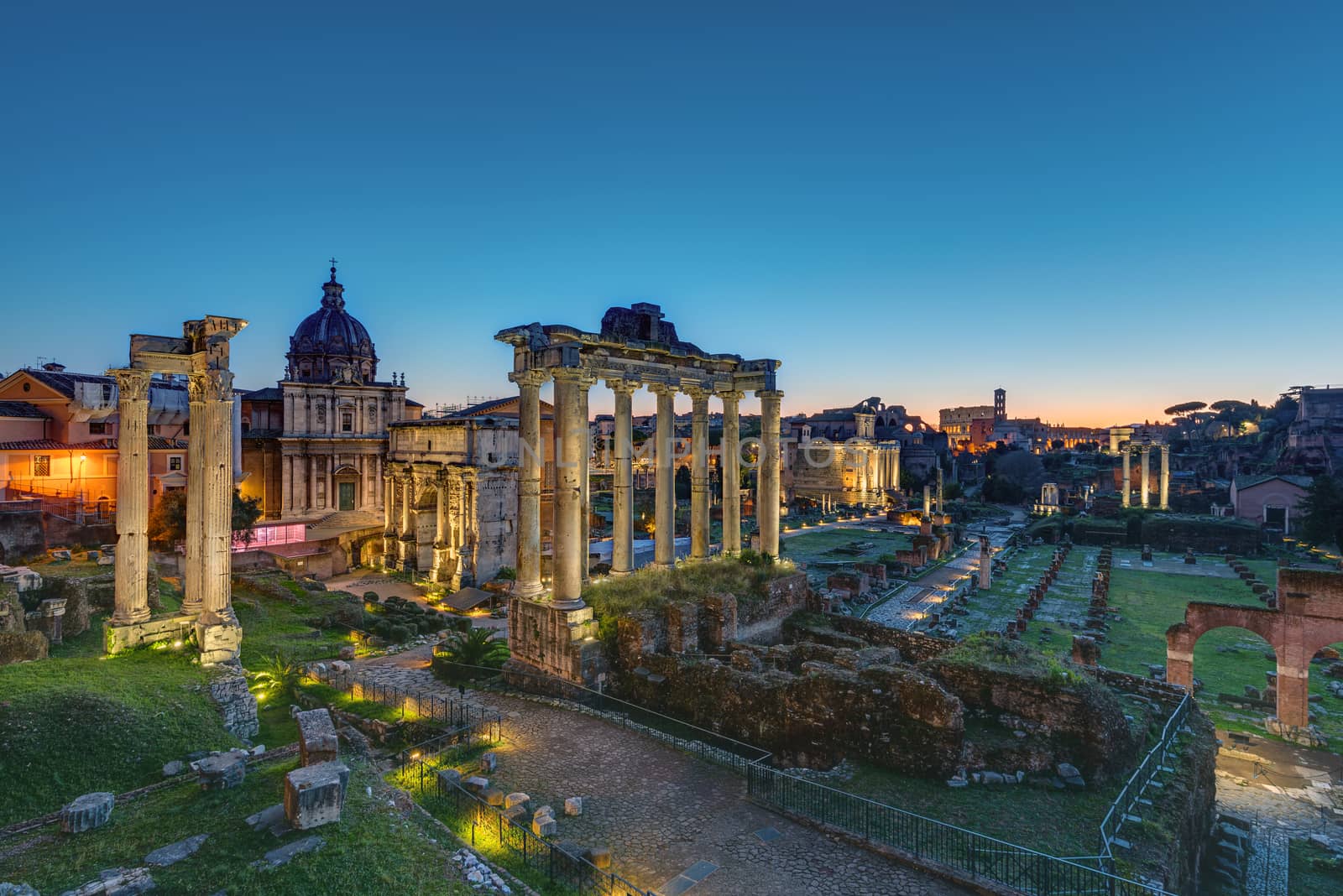 The famous ruins of the Roman Forum in Rome at dawn