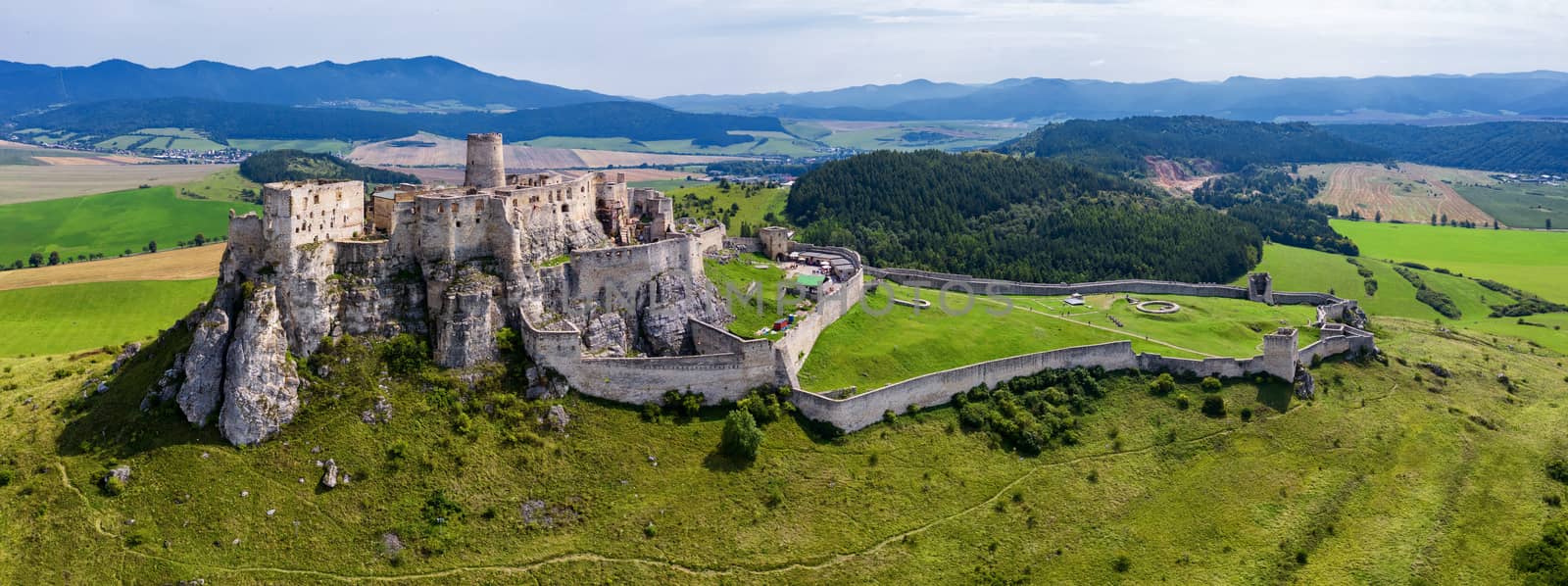 Aerial view of Spis (Spiš, Spišský) castle, Unesco Wold Heritage, Slovakia, second biggest medieval castle in Middle Europe.