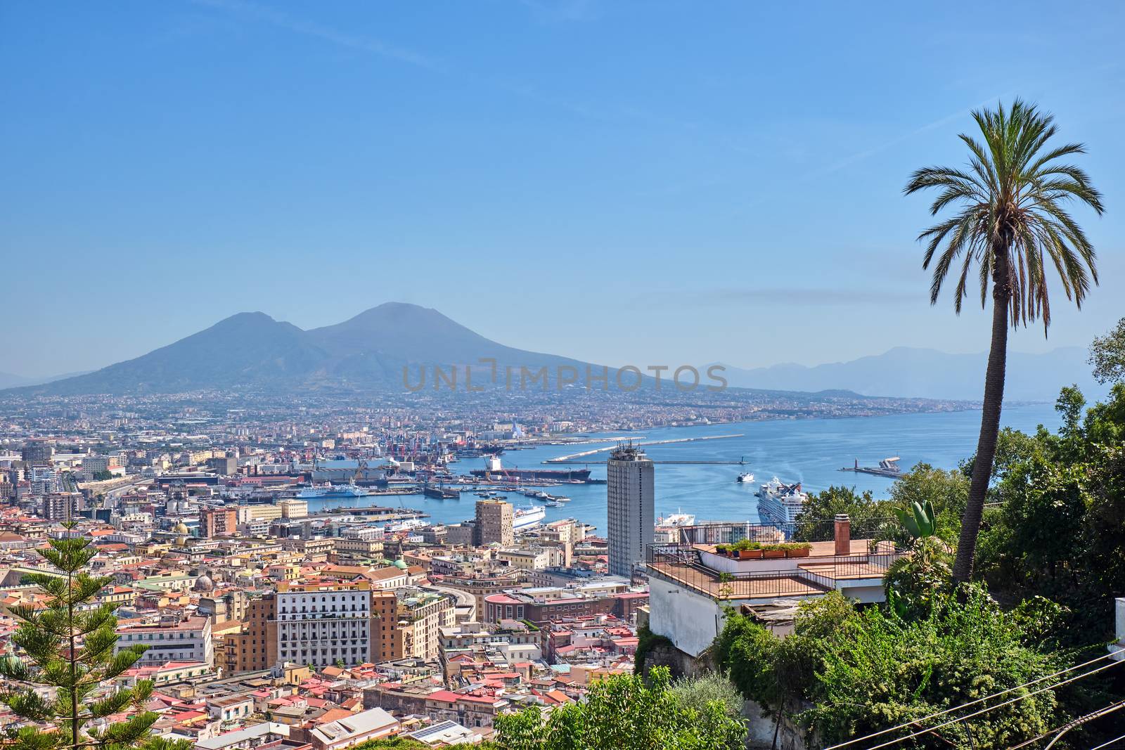 View of Naples with Mount Vesuvius on a sunny day