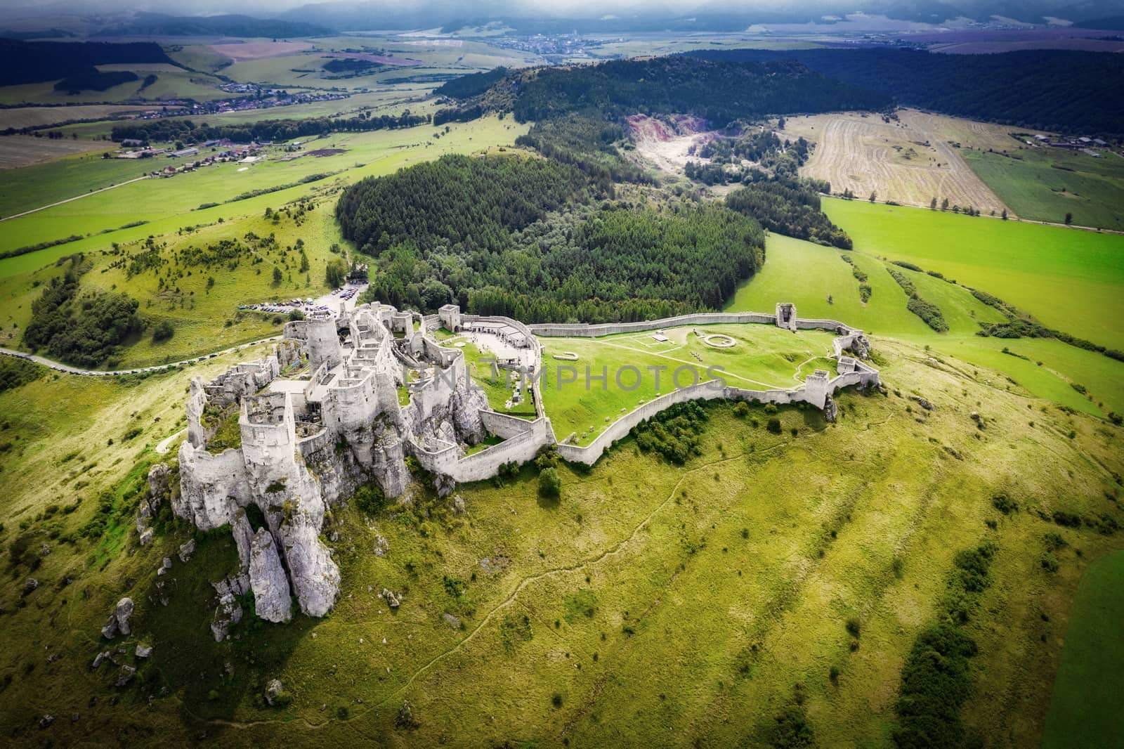 Spiss castle aerial view from drone, unesco heritage, biggest medieval castle, Slovakia, Europe