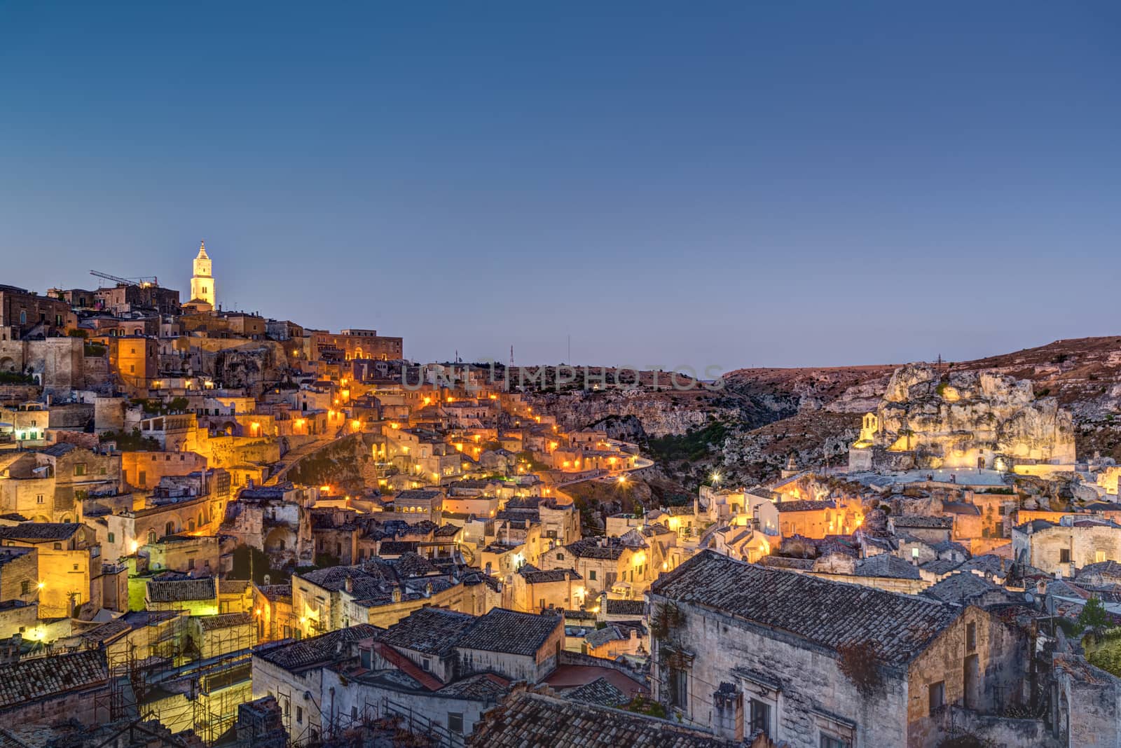 The old town of Matera in southern Italy at night