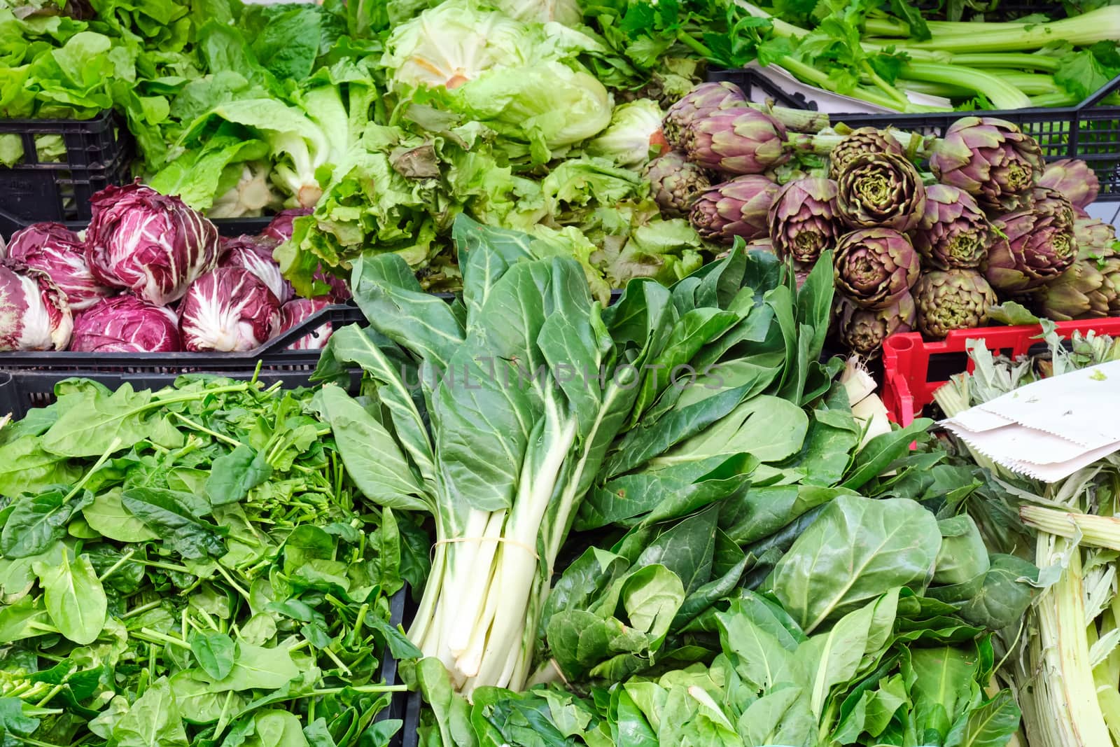 Salad, artichokes and herbs for sale at a market