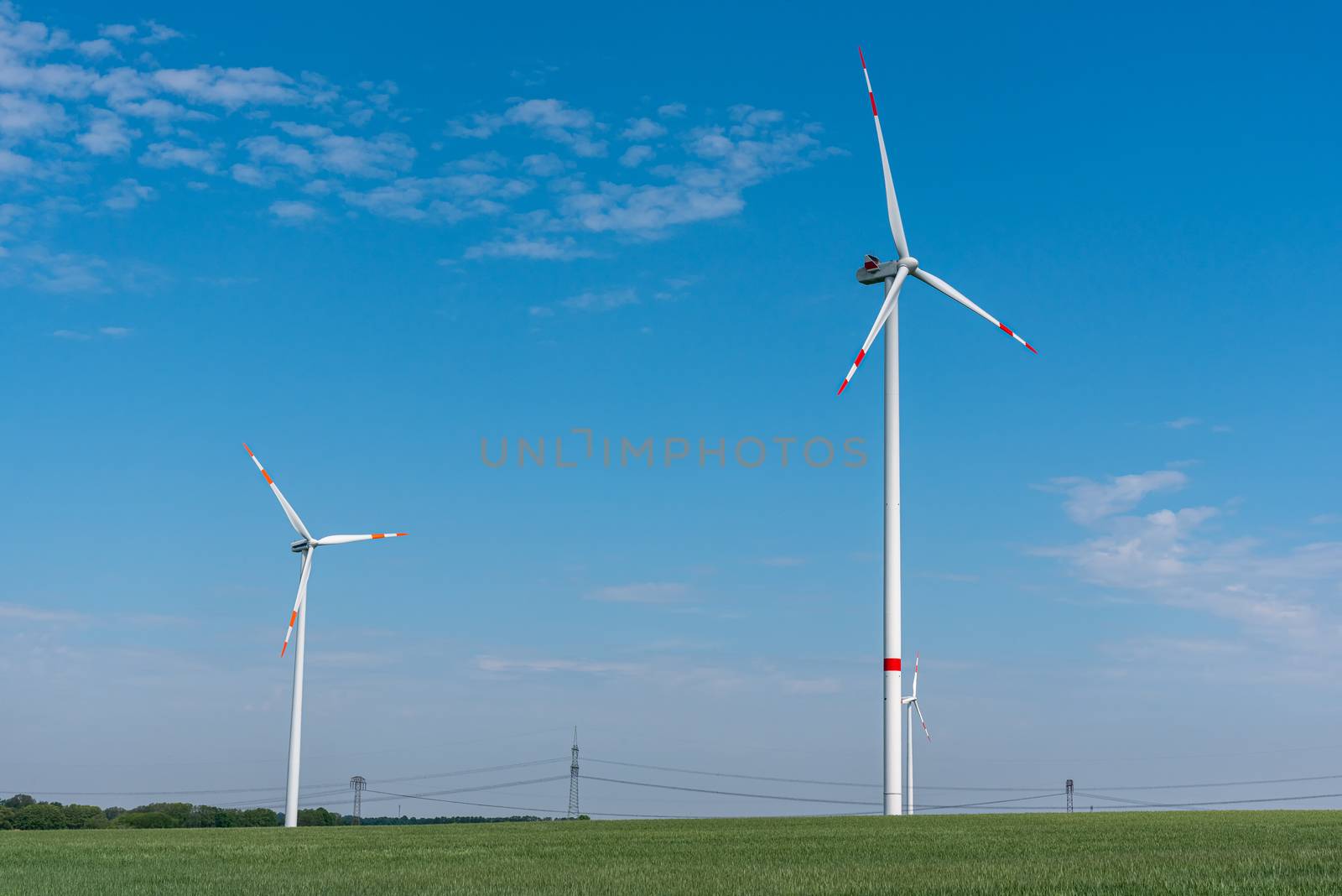 Modern wind energy turbines in a cornfield seen in Germany