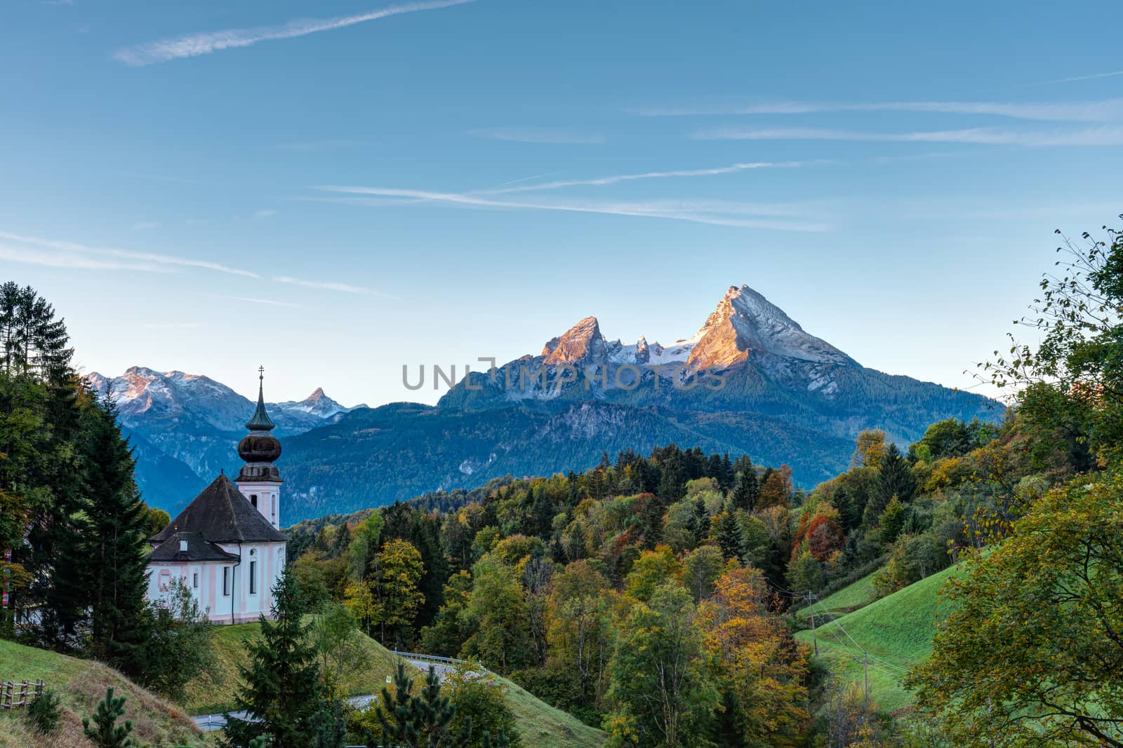 Nice autumn morning in Bavaria with the small Maria Gern church and Mount Watzmann