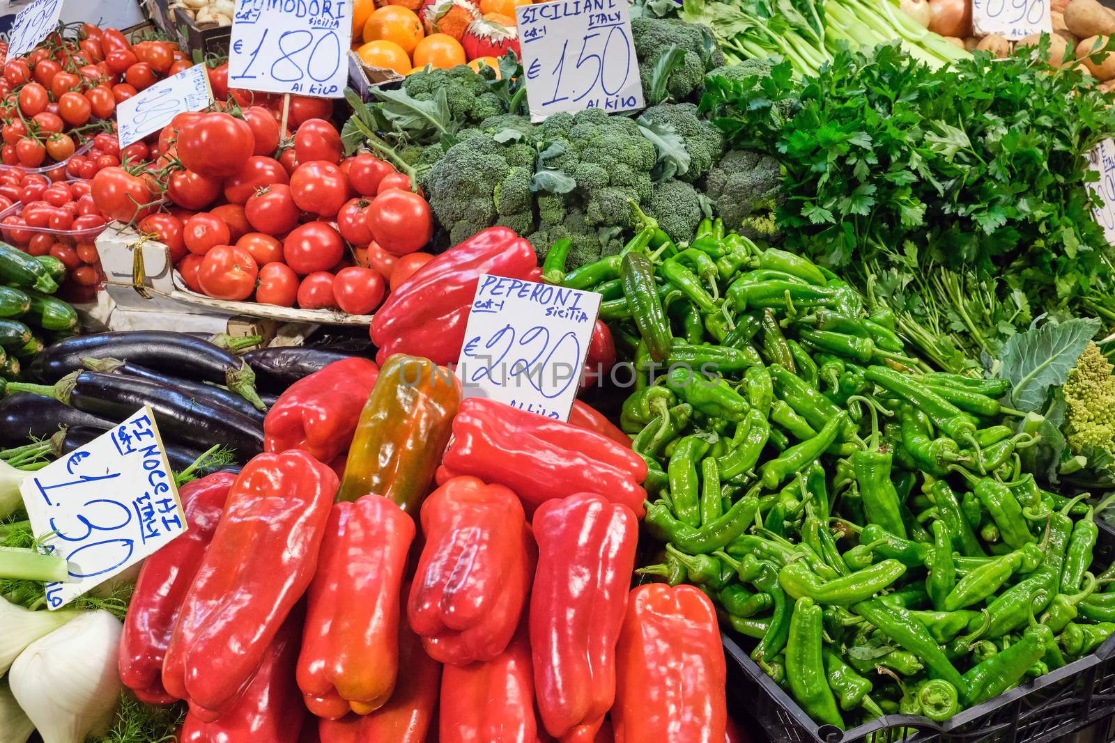 Different kinds of vegetables for sale at a market in Italy