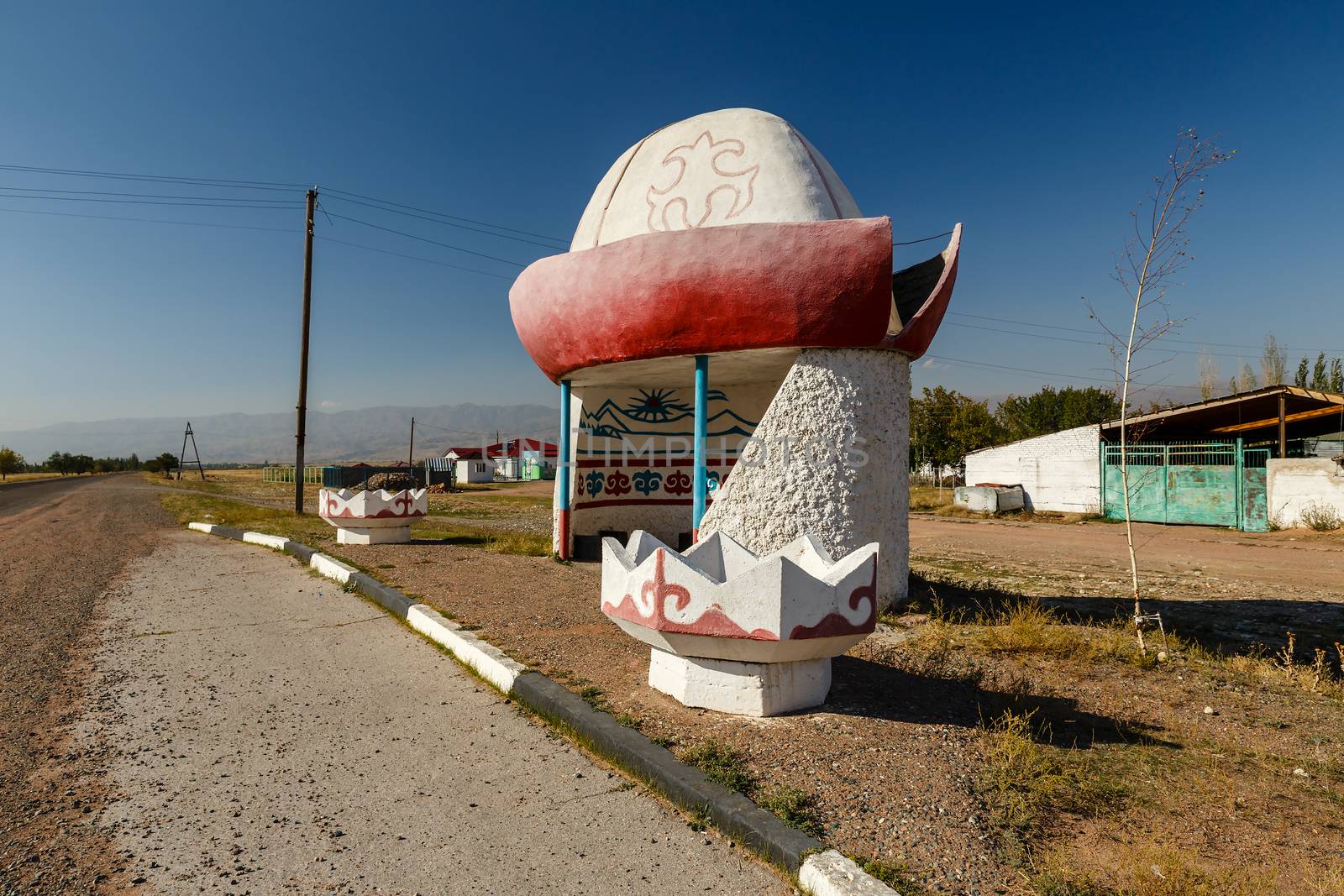 bus stop on the road, waiting place for the bus, Kyrgyzstan