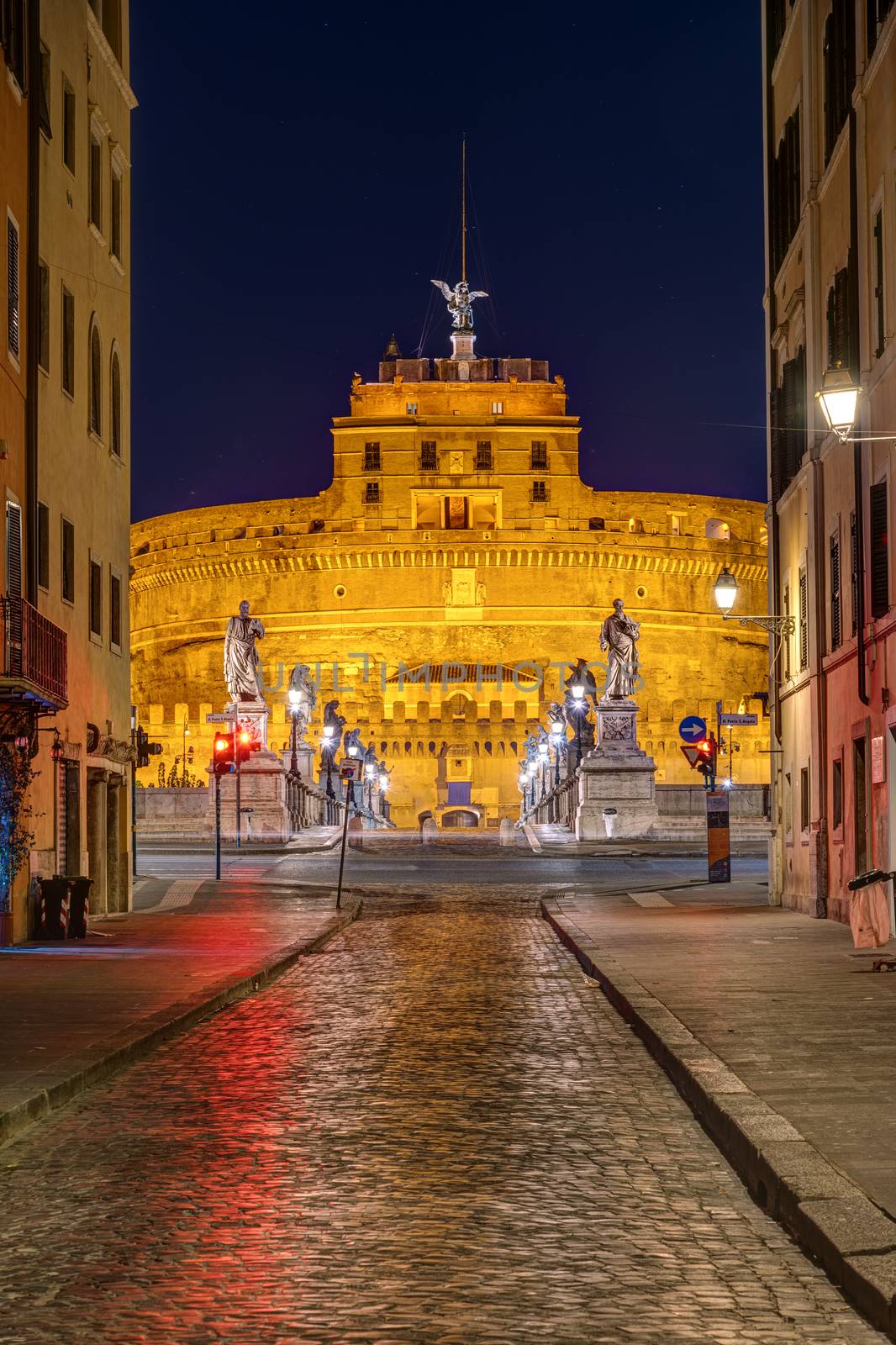 View to the Castel Sant Angelo and the Sant Angelo bridge in Rome at night