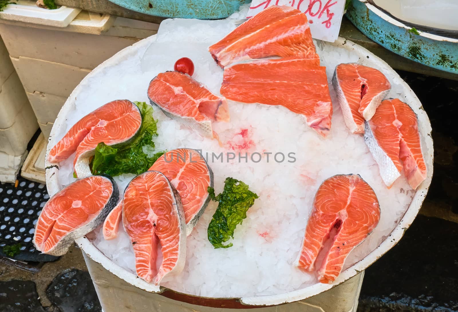 Fresh salmon for sale at a market in Naples, Italy