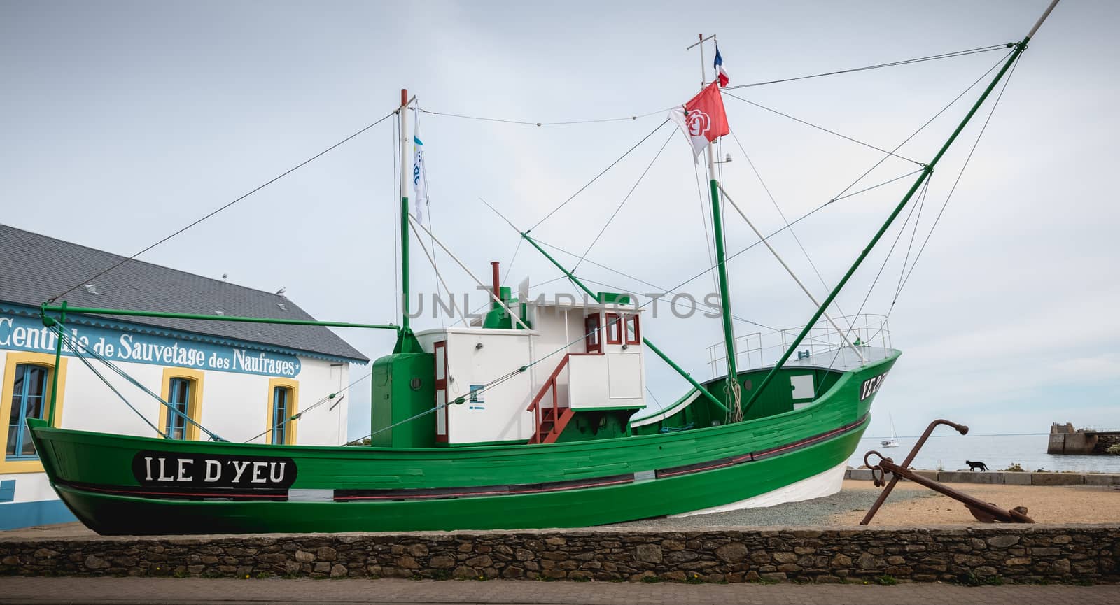 Port Joinville, France - September 16, 2018: Boat the Corsair on the harbor on a summer day. This boat is visited and symbolizes the Yeu island