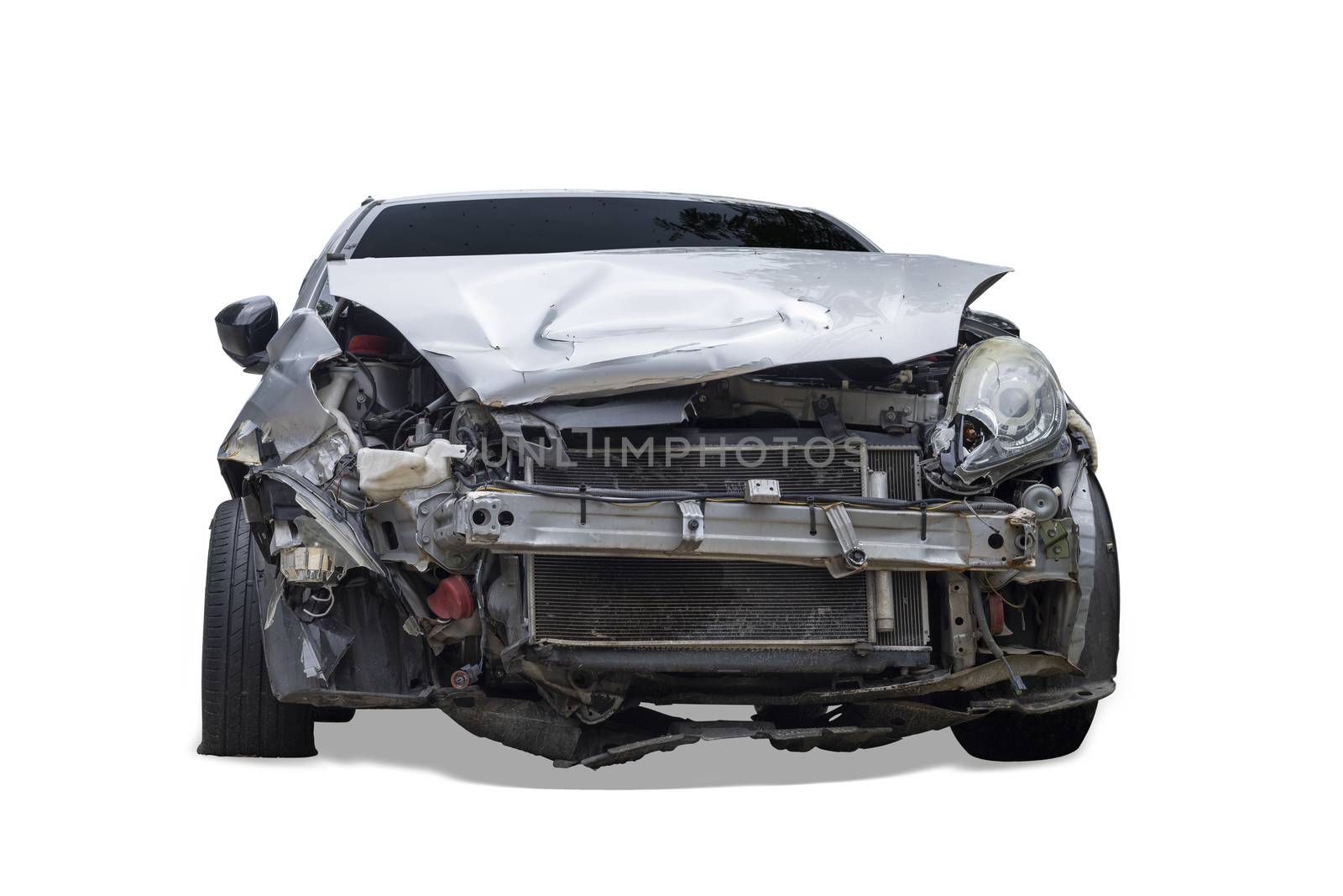 Front of gray color car damaged and broken by accident . Isolate on white background. Save with cliping path