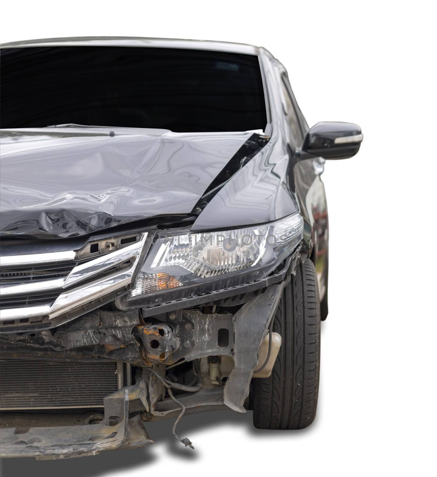 Front of black color car have big damaged and broken by accident on road can not drive any more park for wait insurance officer. Isolate on white background. Save with clipping path