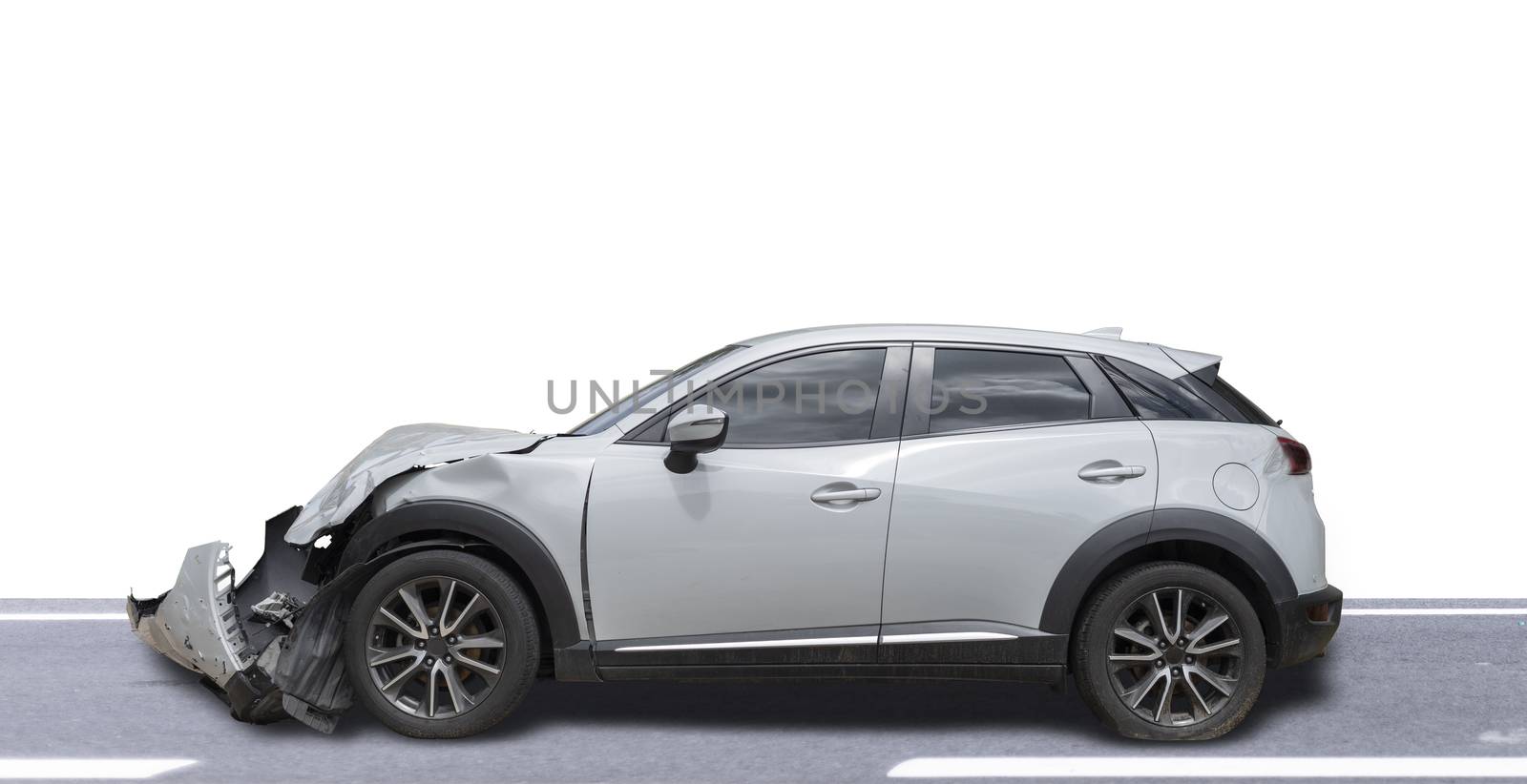 Gray color car damaged and broken by accident . Isolate on white background. Save with cliping path. Car crash.