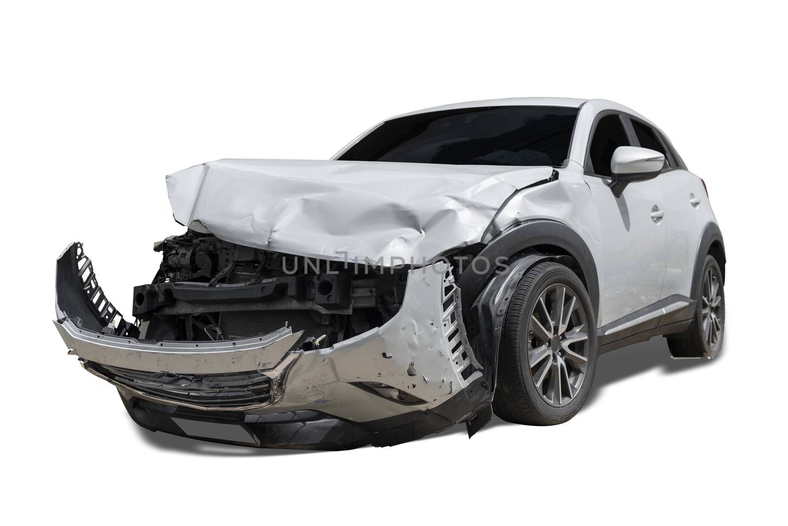 Front of gray color car damaged and broken by accident . Isolate on white background. Save with cliping path