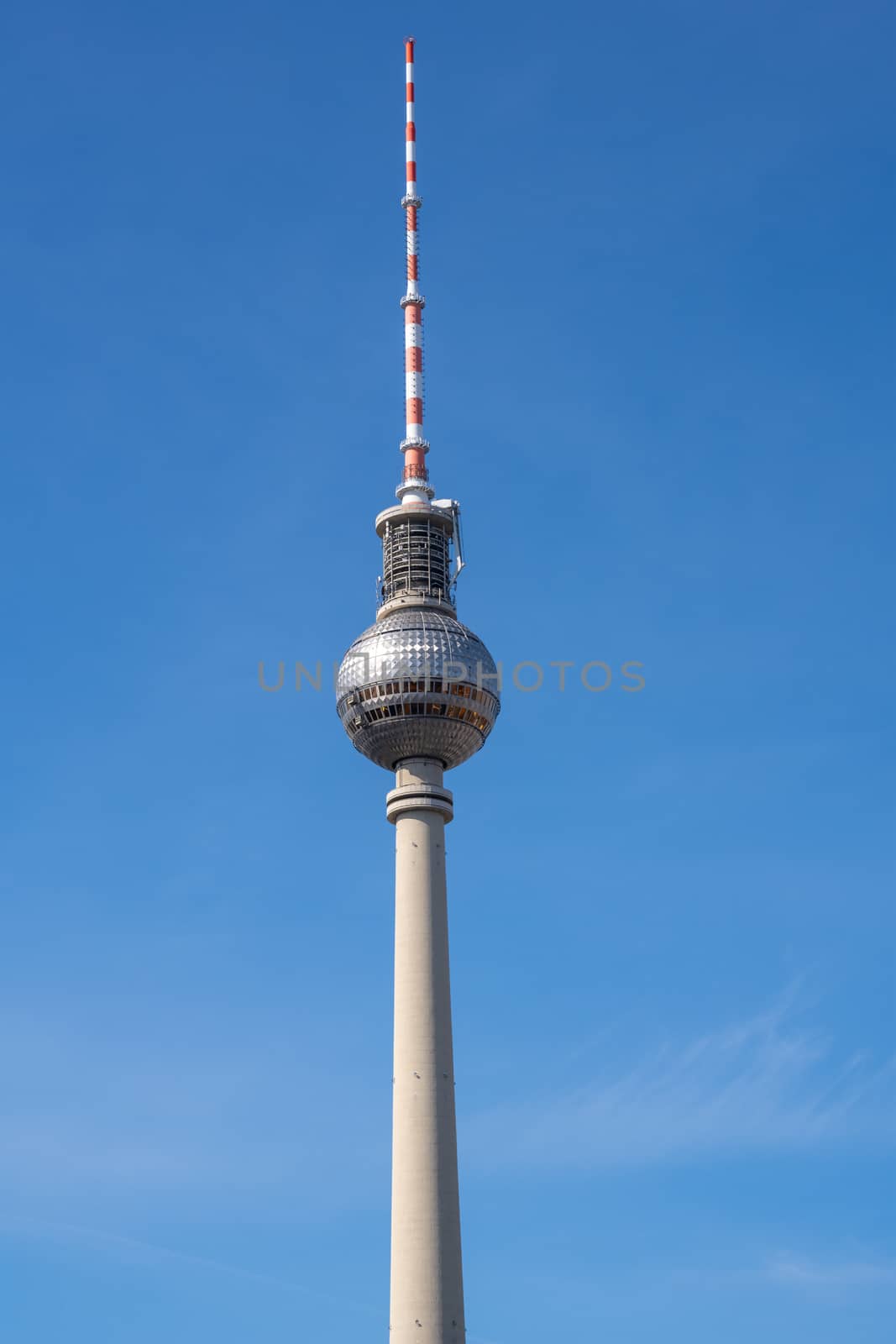 The Fernsehturm, Berlins most famous landmark, with a clear blue sky