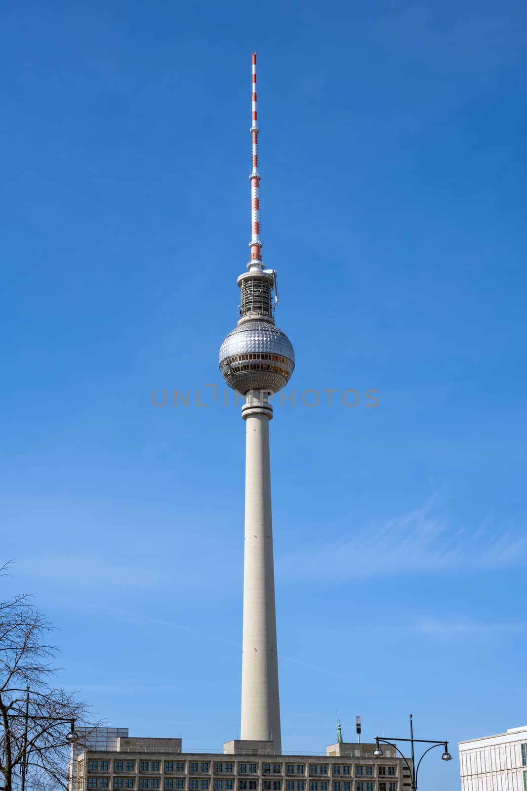 The Fernsehturm, Berlins highest building, with a clear blue sky