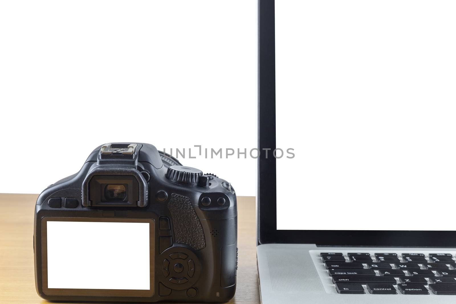 Laptop computer and digital camera have bank black screen of laptop and blank screen of back side digital camera on wood table isolate on white background.