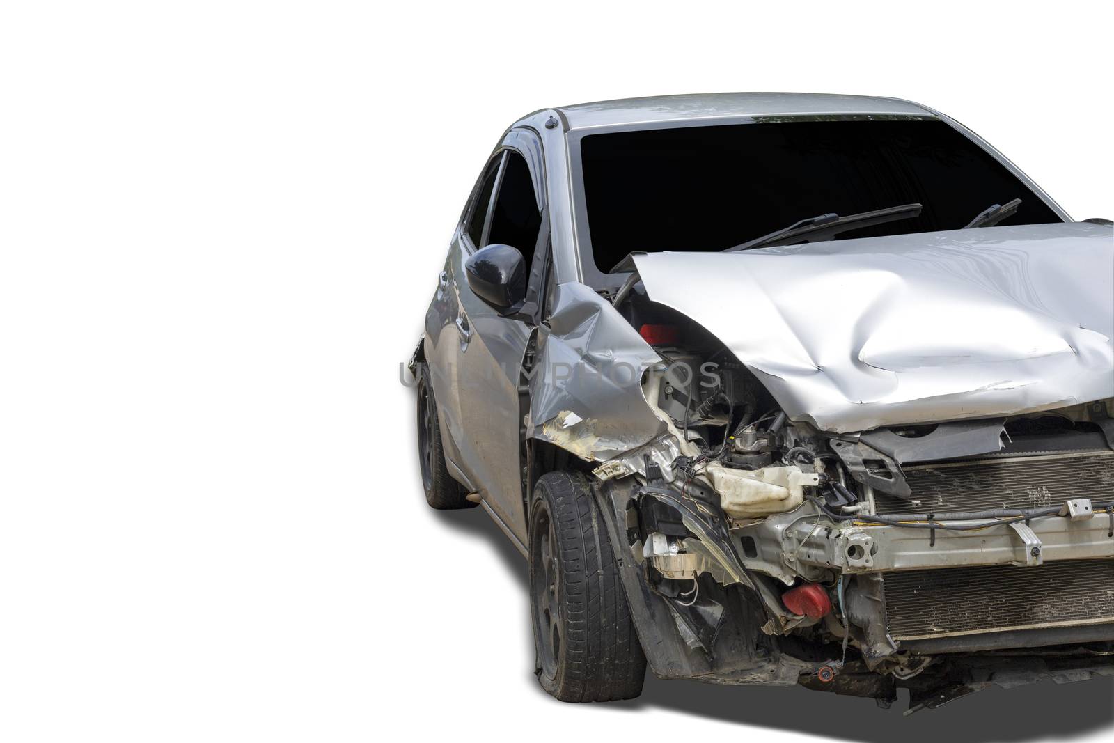 Front of gray color car damaged and broken by accident . Isolate on white background. Save with cliping path
