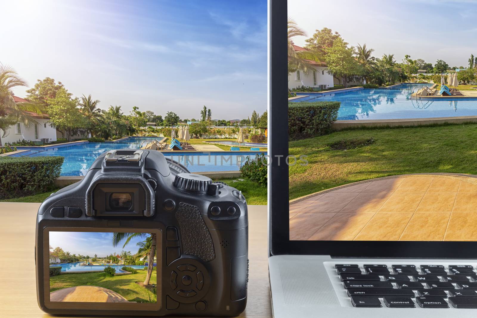 Picture of laptop computer and back screen digital camera on wood table with garden and pool background.