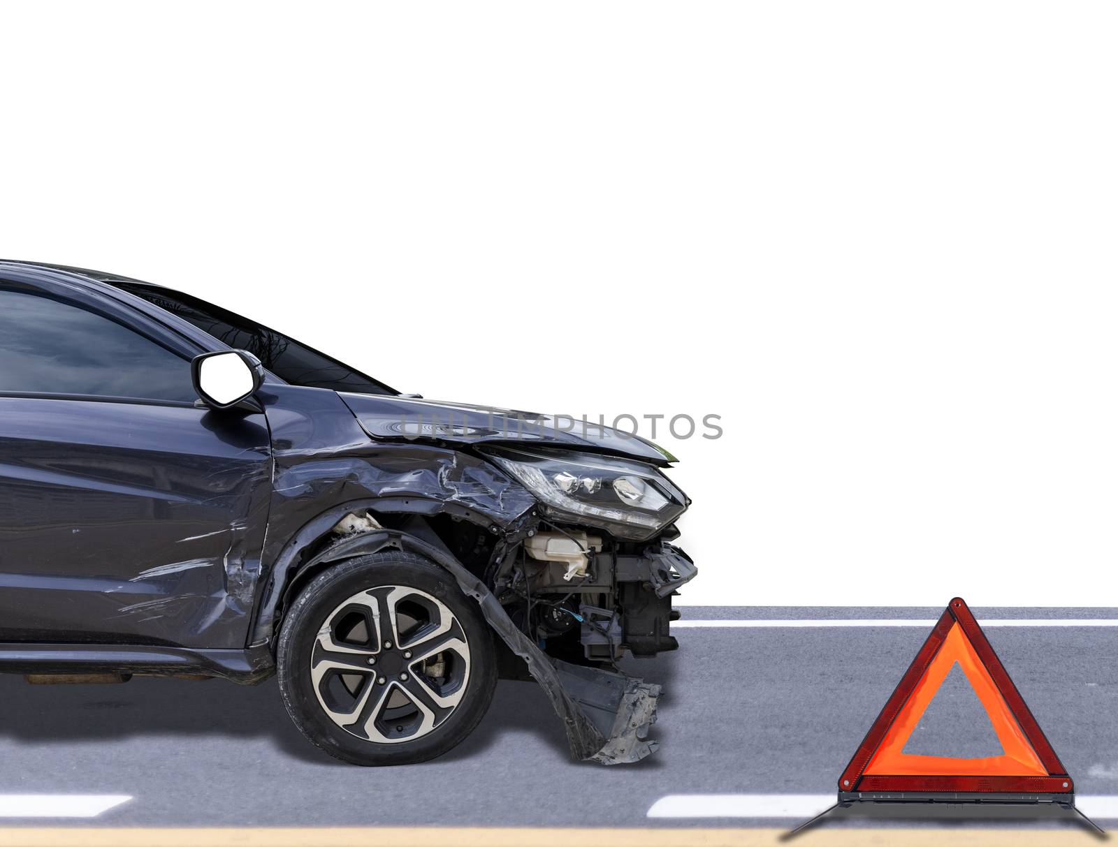 Front of black color car big damaged and broken by accident on street parking can not drive any more on road have triangle. With copy space for text or design
