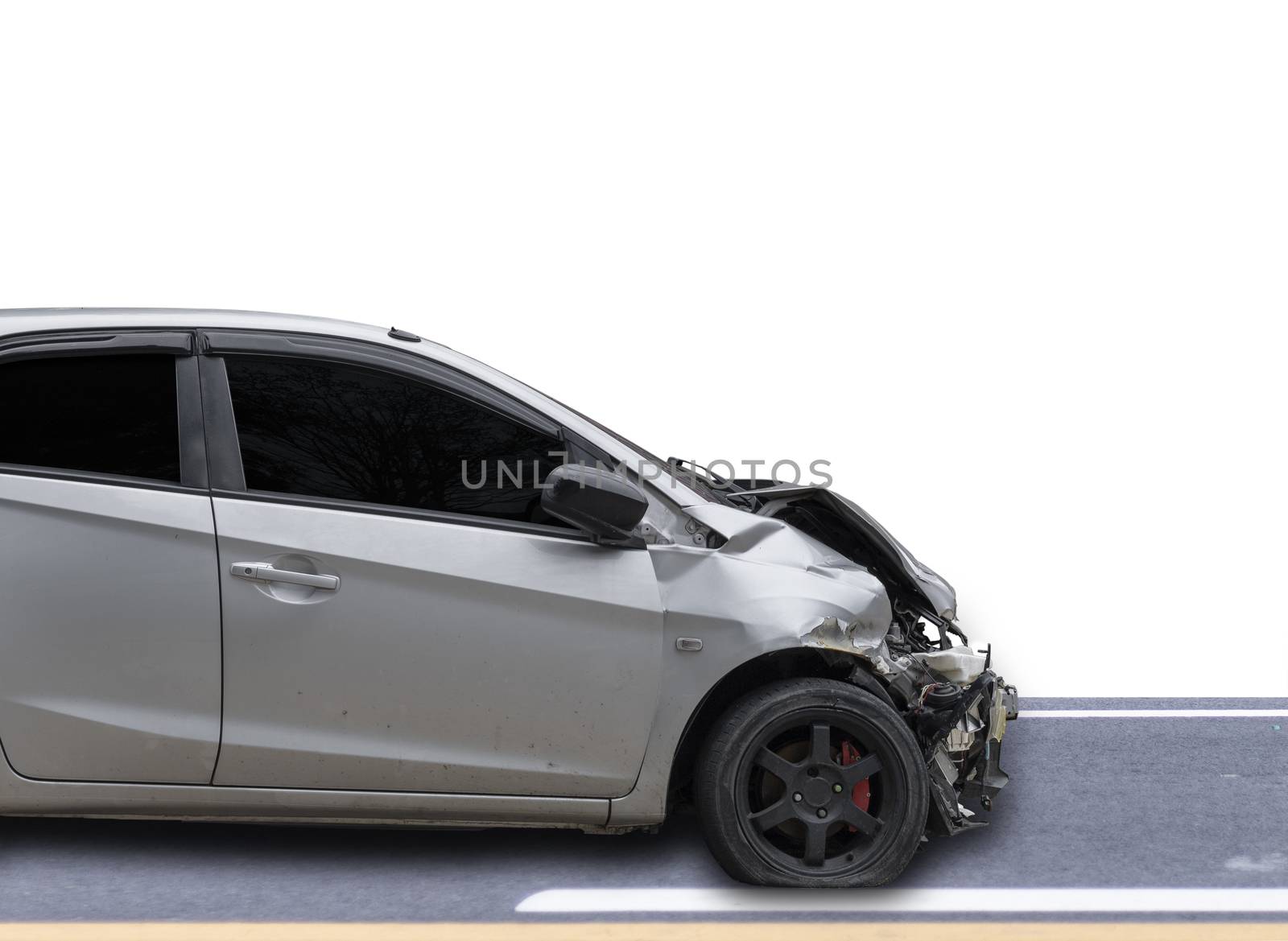 Front of gray color car damaged and broken by accident . Isolate on white background. Save with cliping path