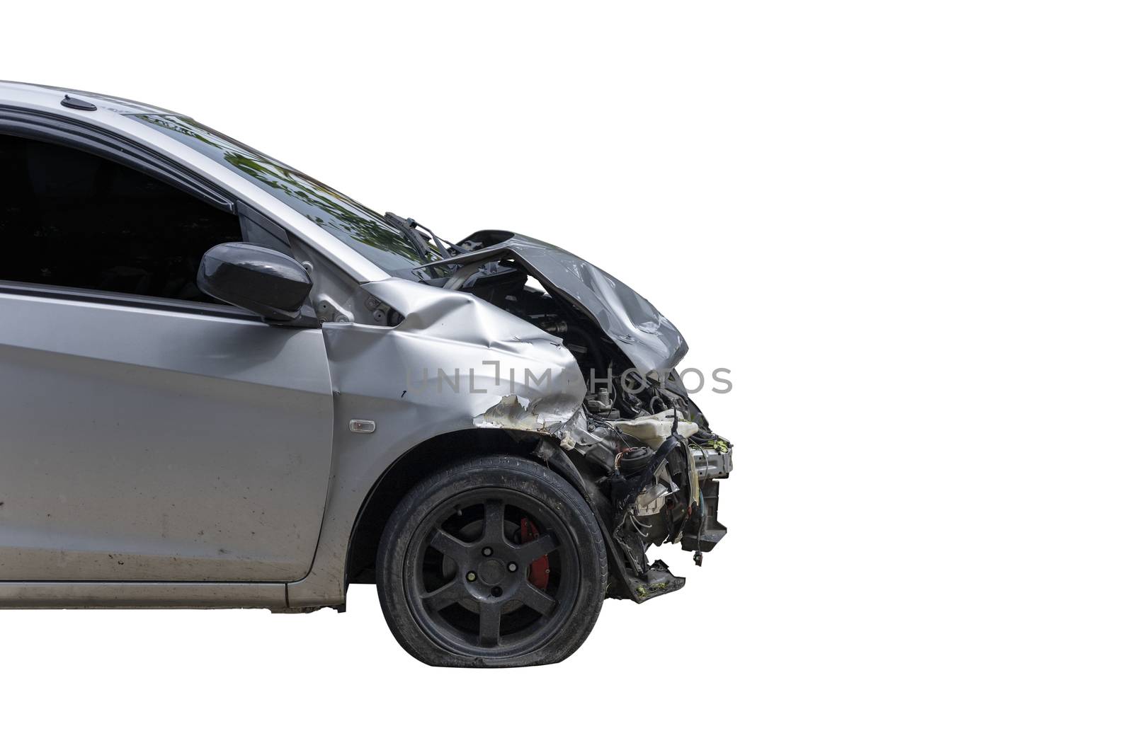 Front of gray color car damaged and broken by accident . Isolate on white background. Save with cliping path