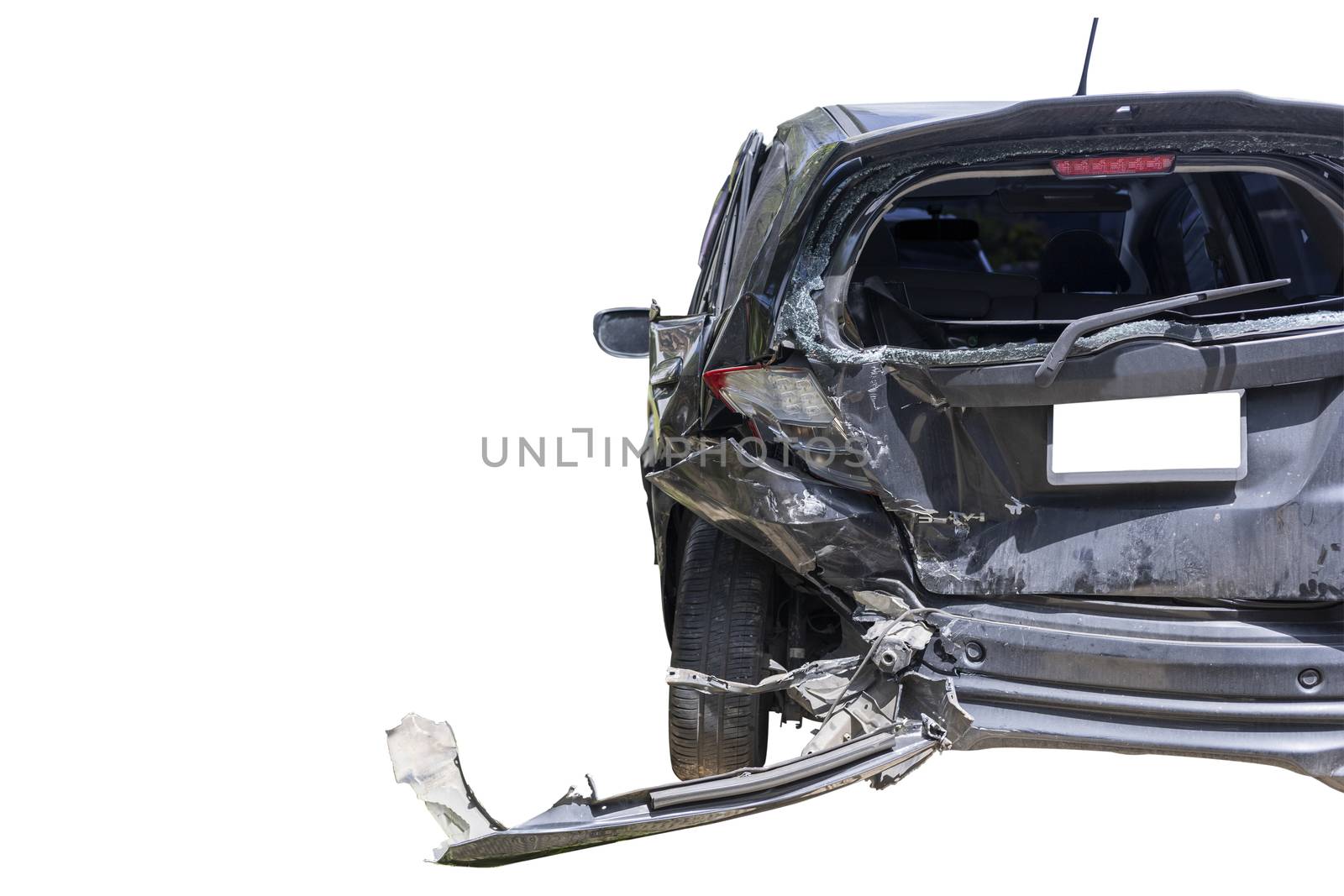 Back side of  black color car damaged and broken by accident on road parking can not dirve any more. isolate on white background. Save with cliping path