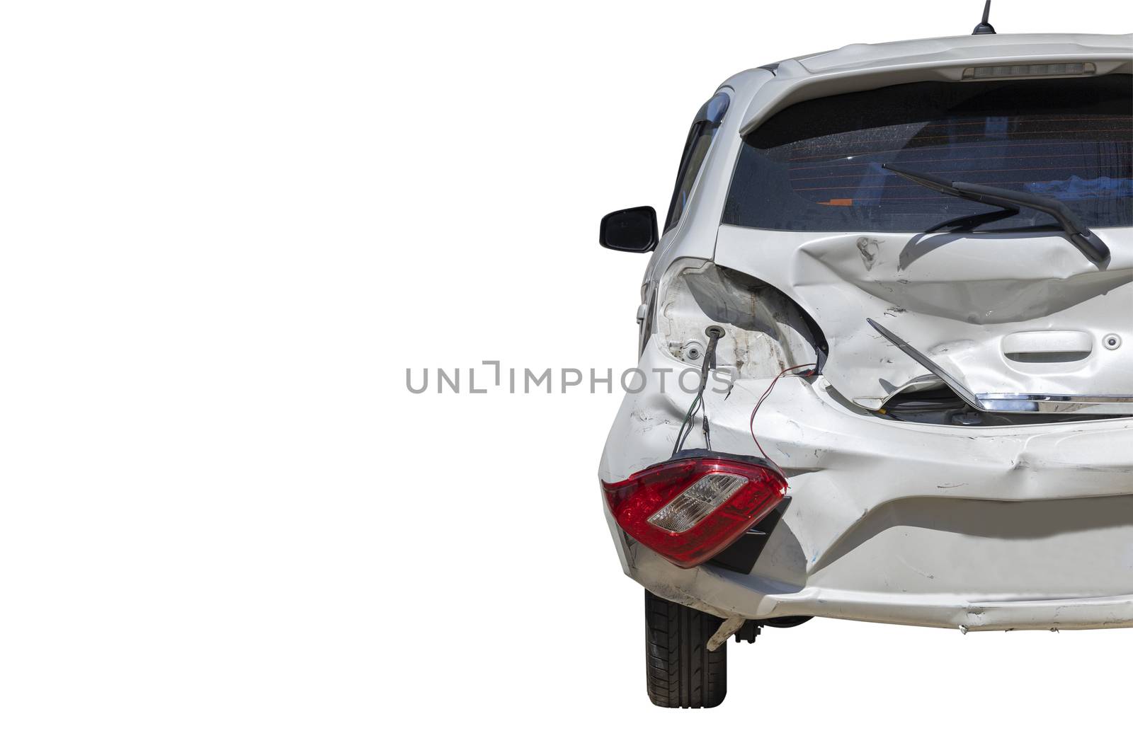 Back of car damaged and broken by accident on road. Isolate on white background. Save with cliping path.