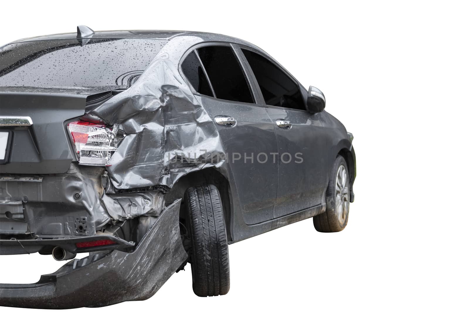 Back side of  gray color car damaged and broken by accident on road parking can not dirve any more. isolate on white background. Save with cliping path