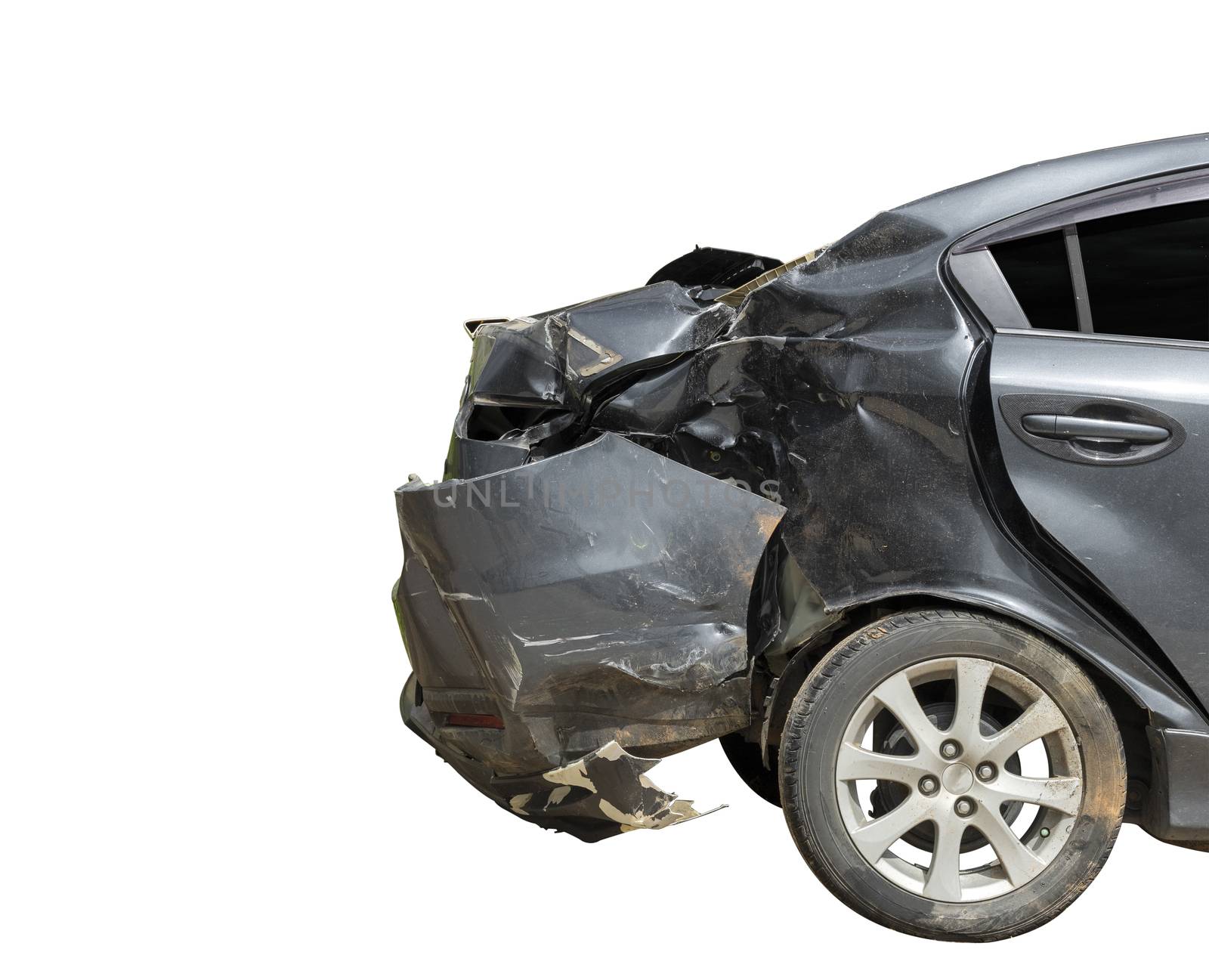 Back side of  gray color car damaged and broken by accident on road parking can not dirve any more. isolate on white background. Save with cliping path