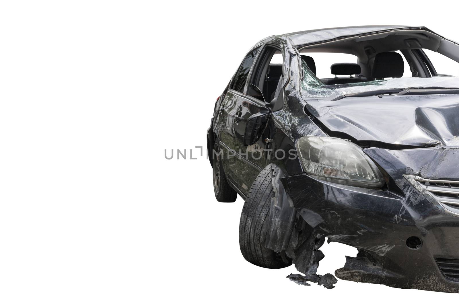 Front of black color car damaged and broken by accident isolate on white background. Save with cliping path.