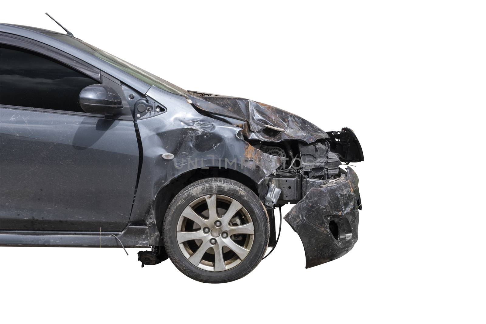 Front of black color car damaged and broken by accident isolate on white background. Save with cliping path.