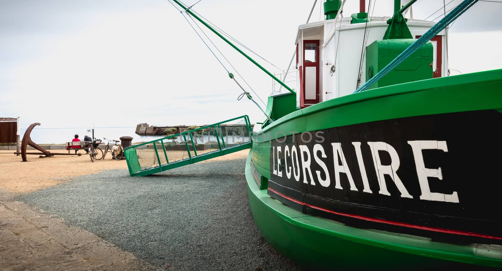 Port Joinville, France - September 16, 2018: Boat the Corsair on the harbor on a summer day. This boat is visited and symbolizes the Yeu island