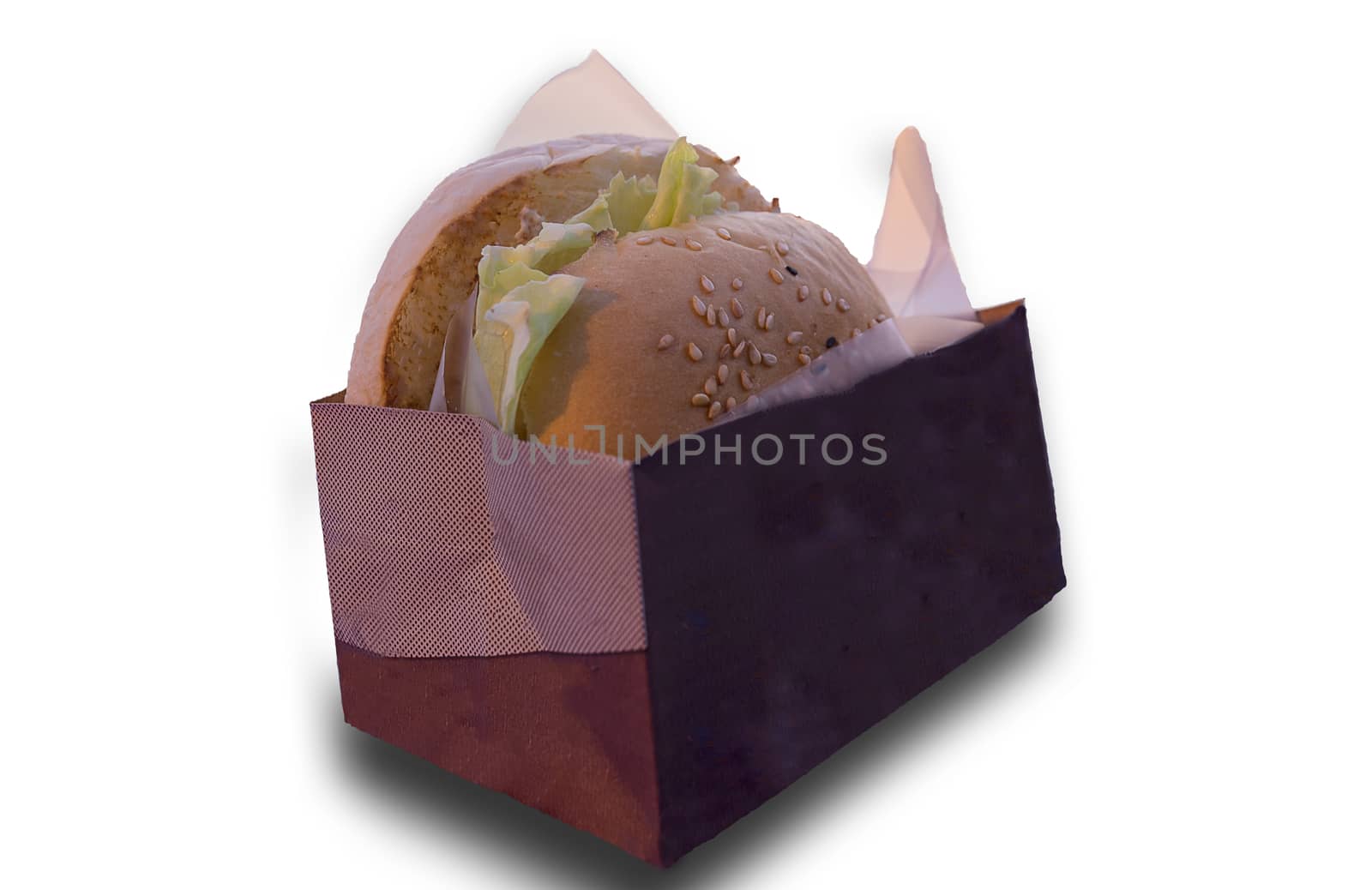 Hamburger in paper bag package isolated on white background. Save with clipping path