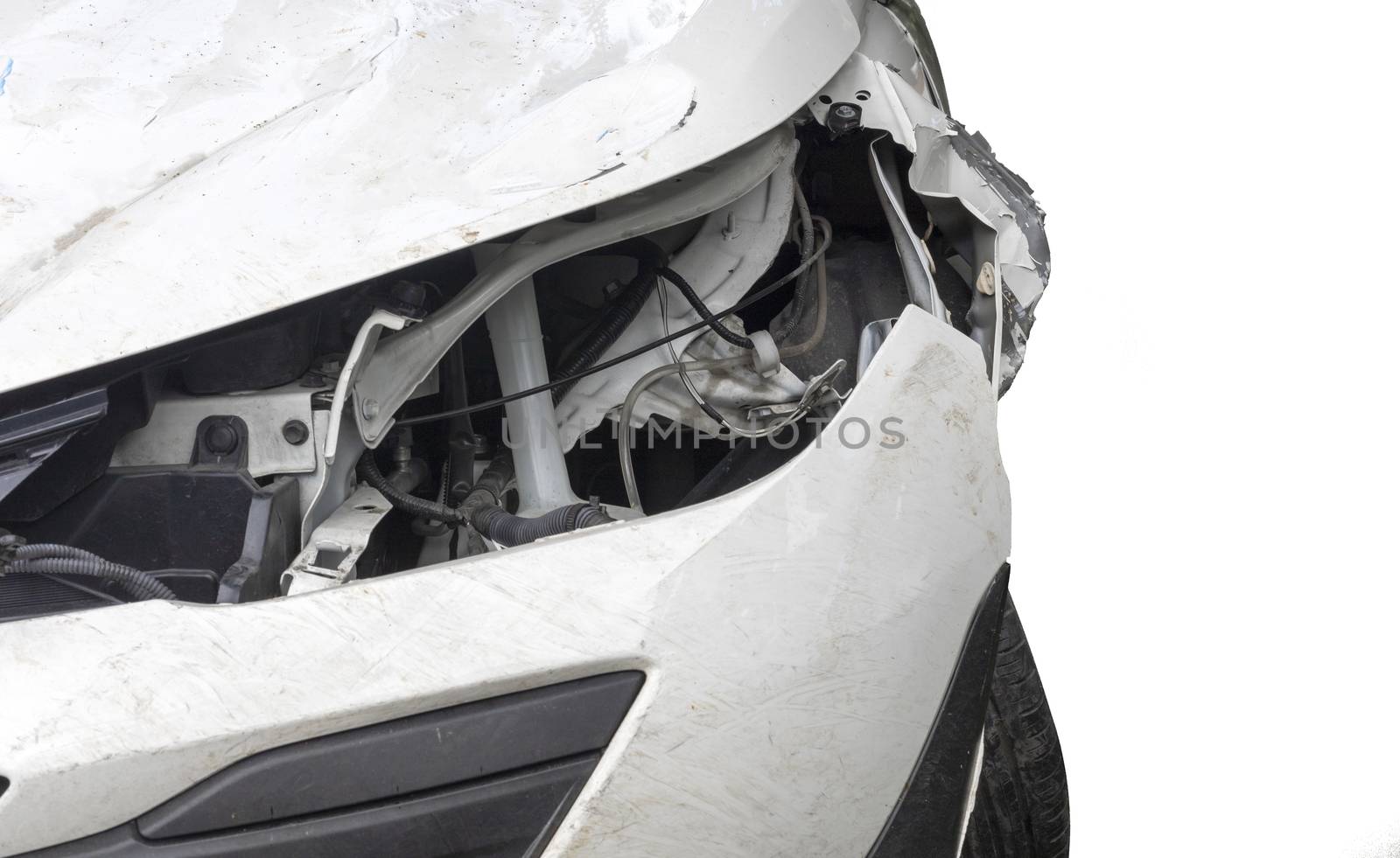 Close up head light of  white color car have damaged and broken by accident isolated on white background. Save with clipping path.