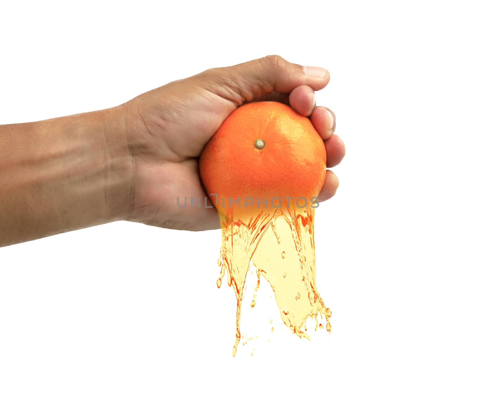 Hand man squeezes orange isolate on white background. by Satrinekarn