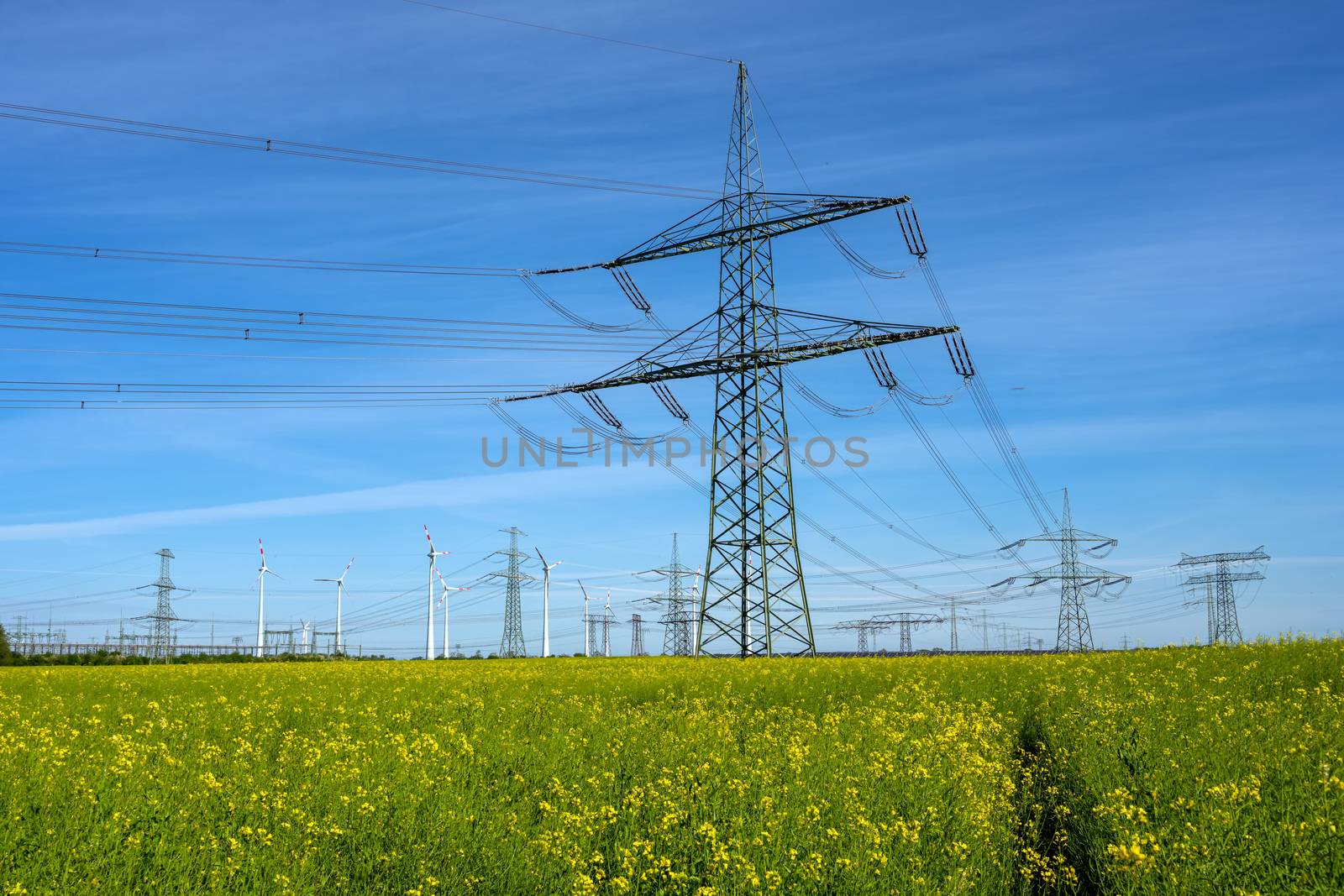 Electricity pylons and power lines seen in Germany