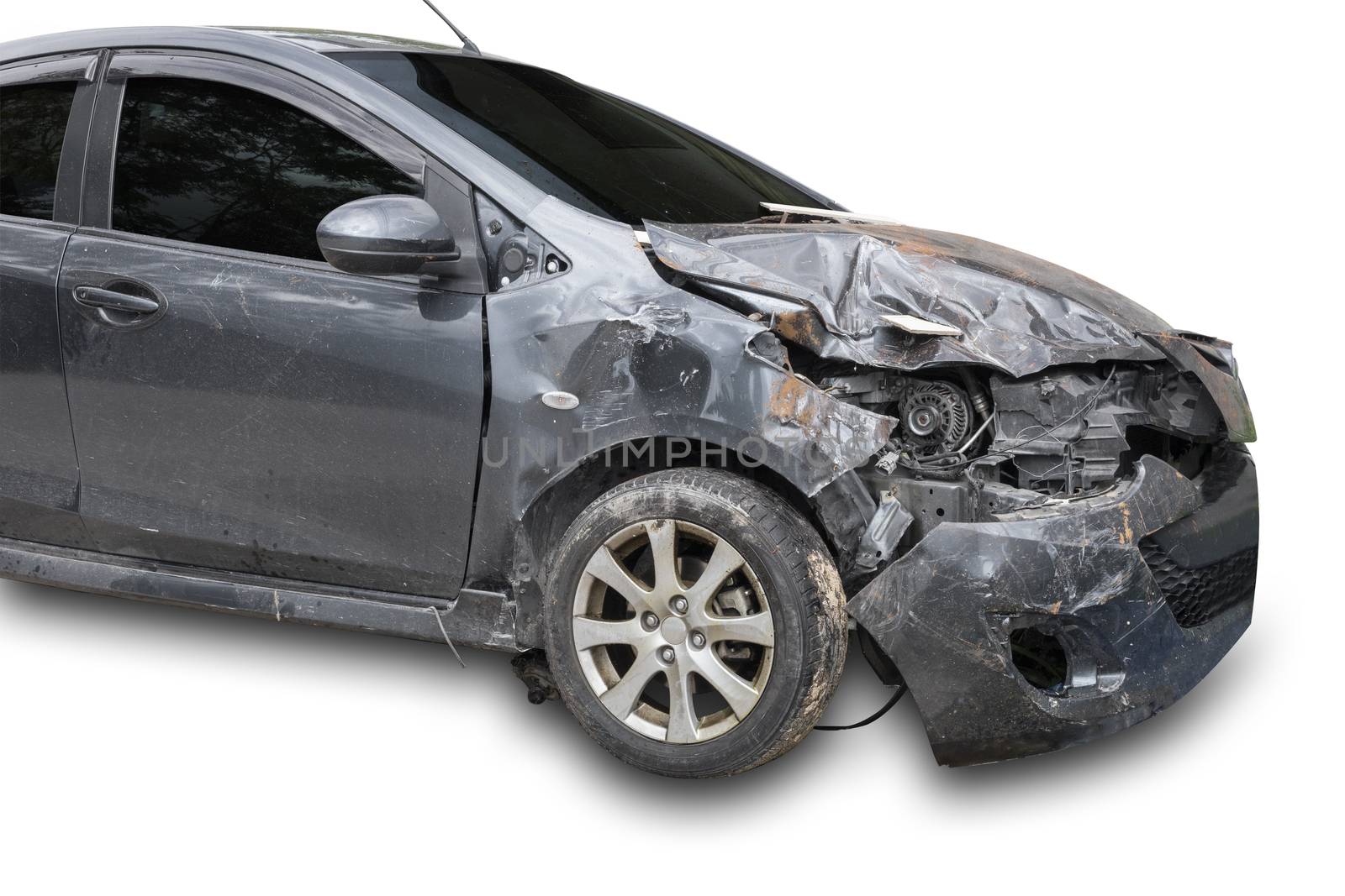 Front of black color car damaged and broken by accident . Isolate on white background. Save with cliping path