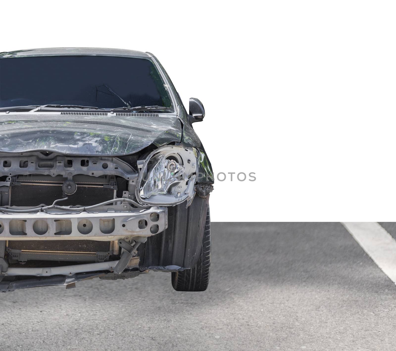 Front of black color car damaged and broken by accident . Isolate on white background. Save with cliping path