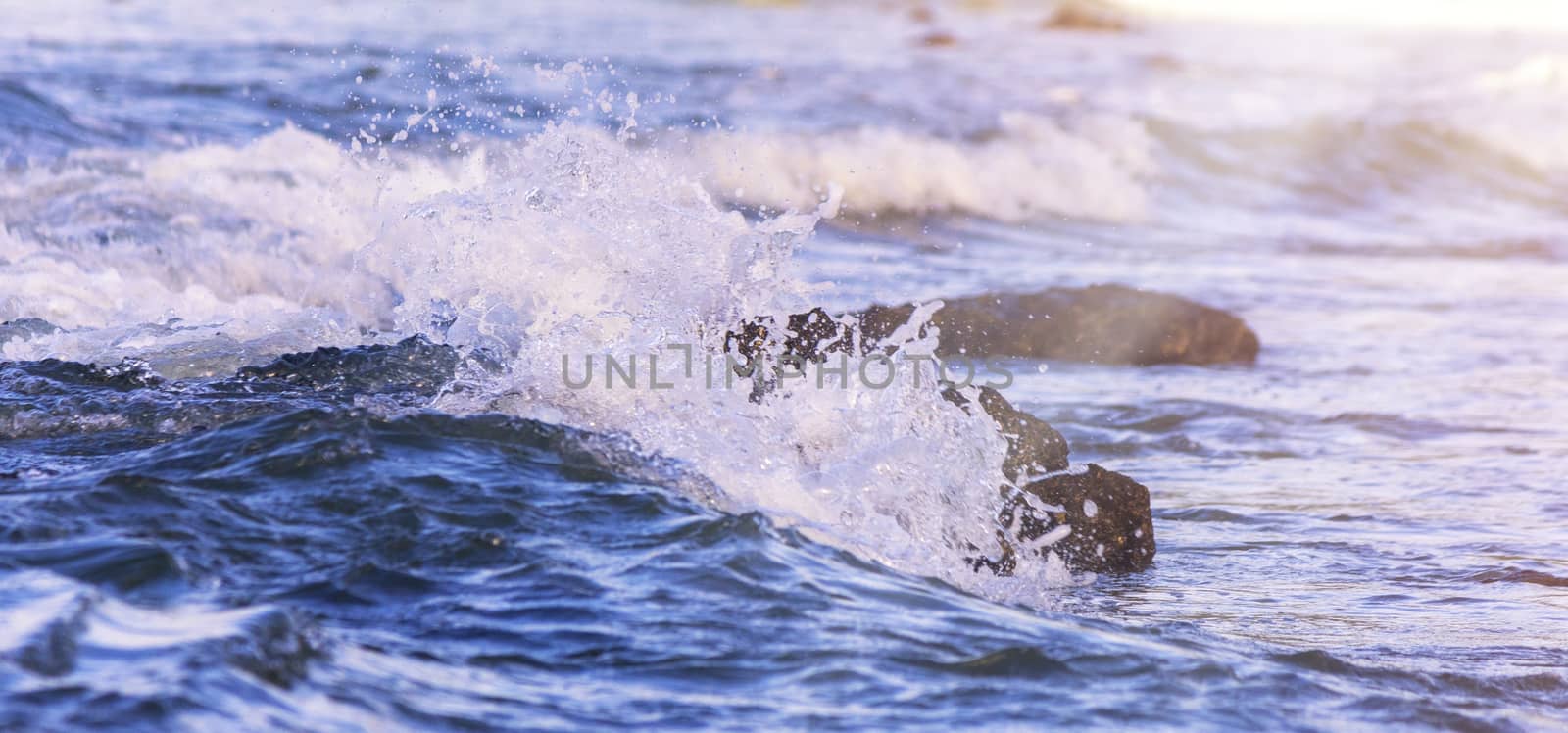 Wave from sea clash with rock. with copy space for text or design