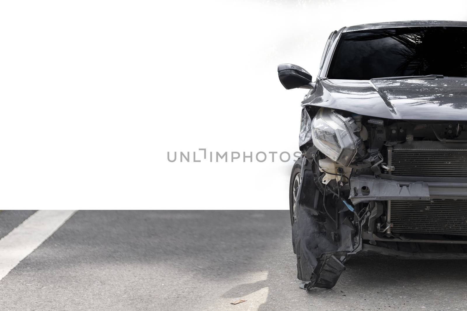 Front of black color car damaged and broken by accident . Isolate on white background. Save with cliping path