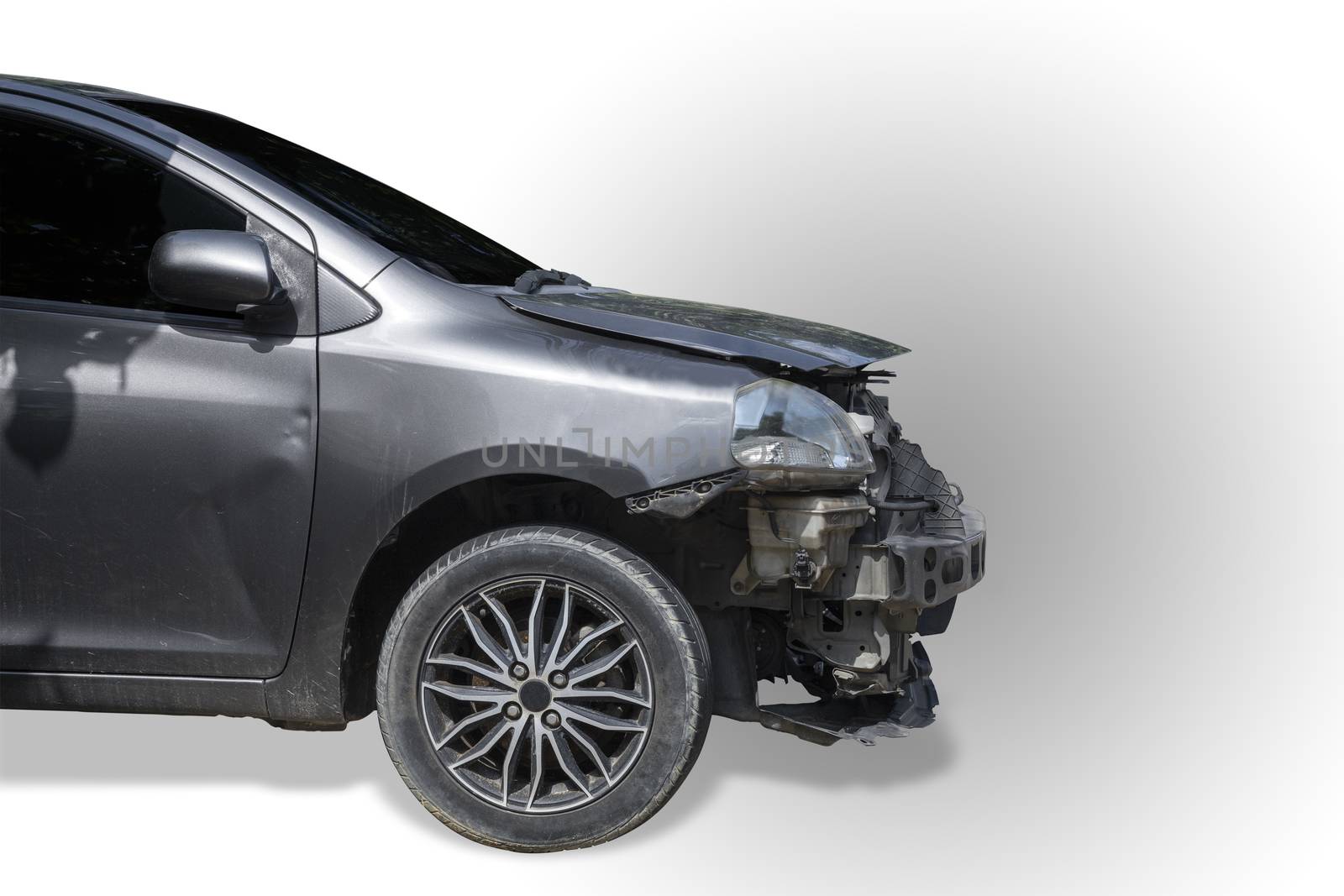 Car crash. Front of gray color car have scratch from damage. Close up scratch. Isolate on white background. Save with cliping path.