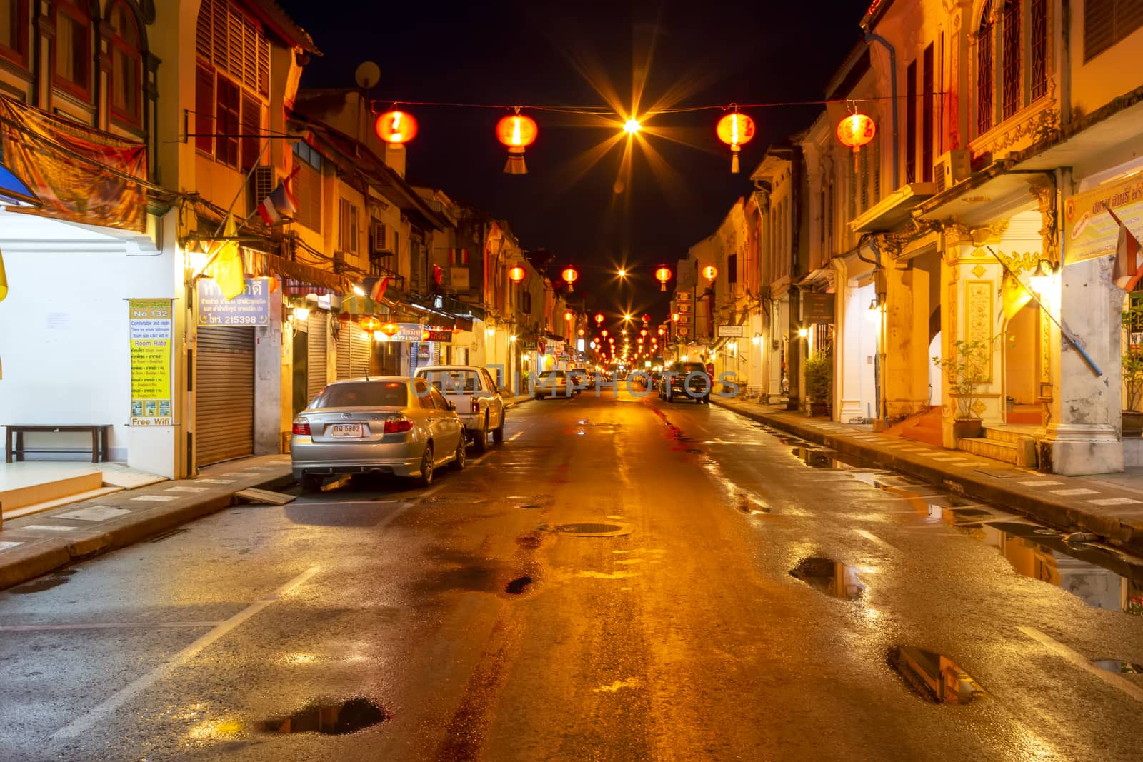 Phuket, Thailand - October 12 ,2019 : Thalang Road, Old town Phuket early morning time after raining shot with long exposure techniques.