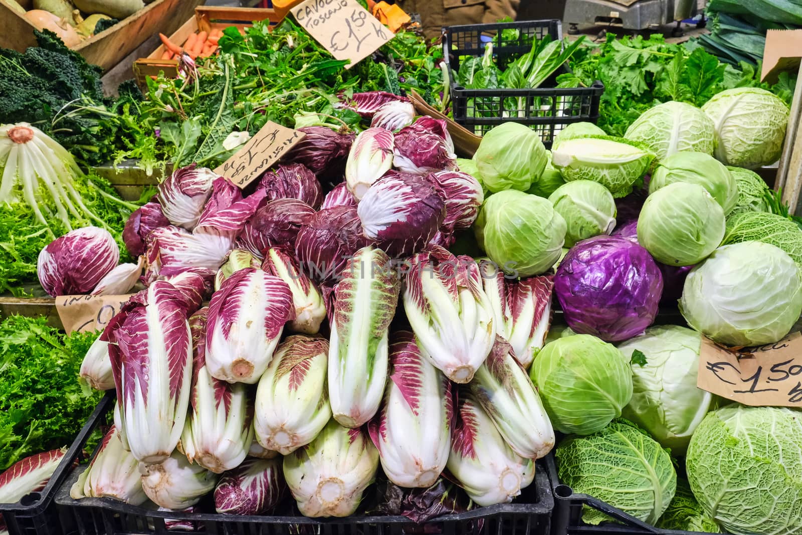 Radicchio and other salad for sale at a market in Rome, Italy