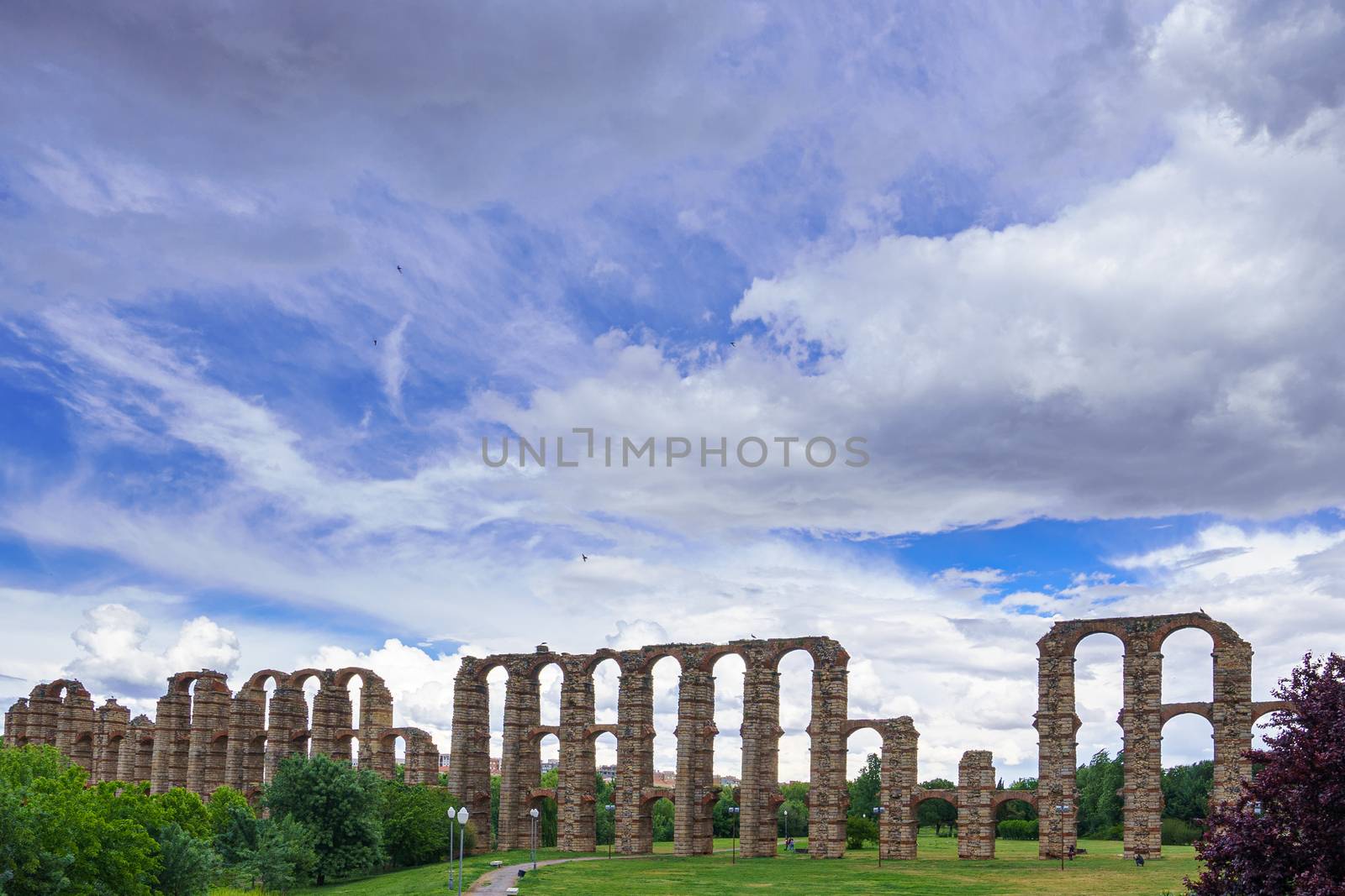 The famous roman aqueduct of the Miracles, Los Milagros, in Merida, province of Badajoz, Extremadura, Spain.The Archaeological Ensemble of Merida is declared a UNESCO World Heritage Site Ref 664