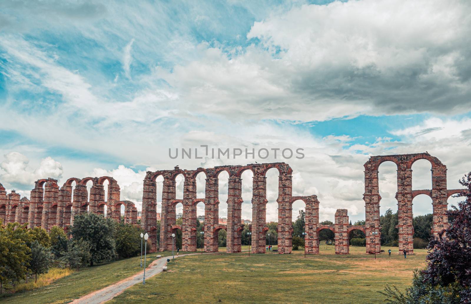 The famous roman aqueduct of the Miracles, Los Milagros, in Merida, province of Badajoz, Extremadura, Spain.The Archaeological Ensemble of Merida is declared a UNESCO World Heritage Site Ref 664