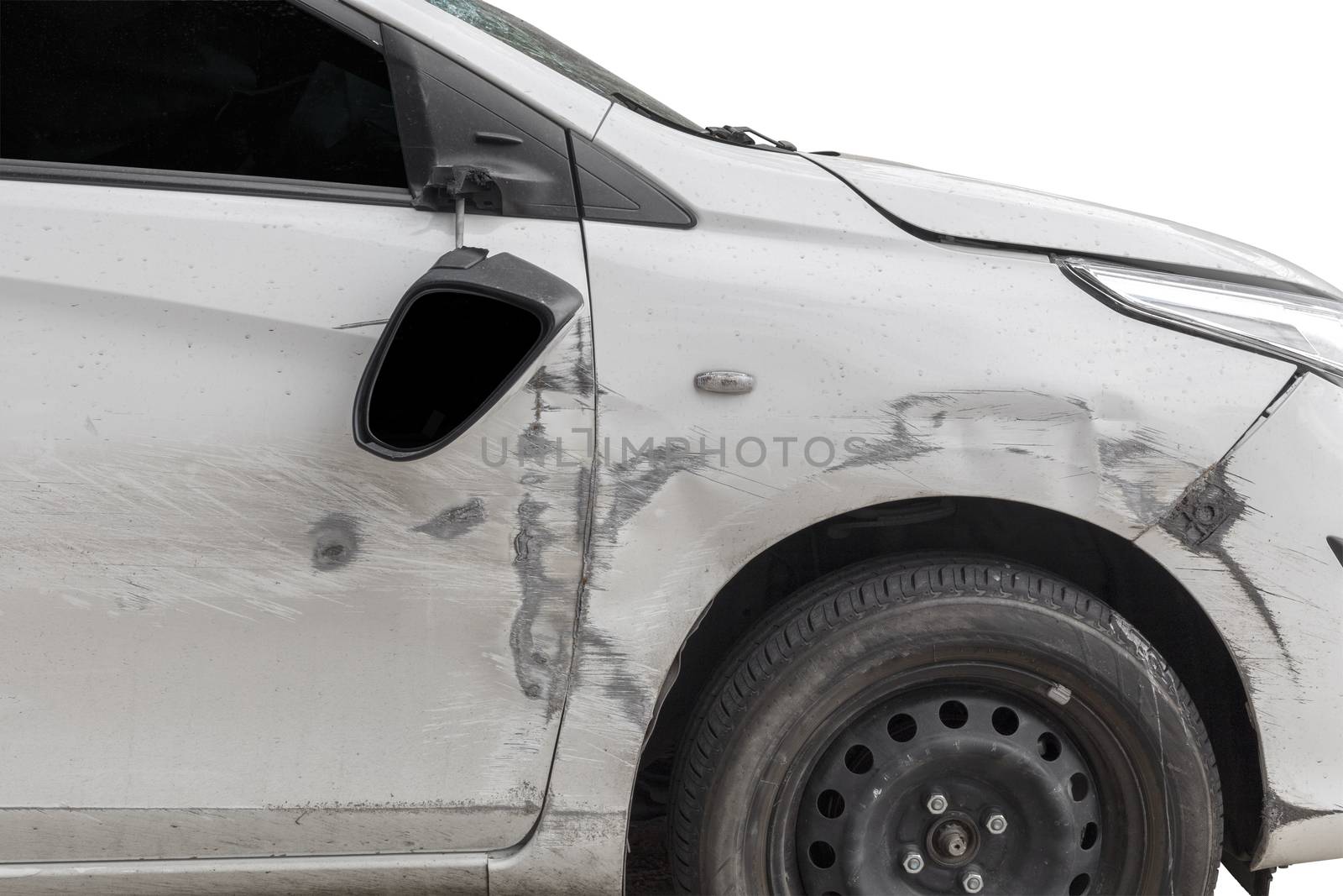 Close up car accident or crash car door and rearview mirror  broken. Isolated on white background. Save with clipping path.