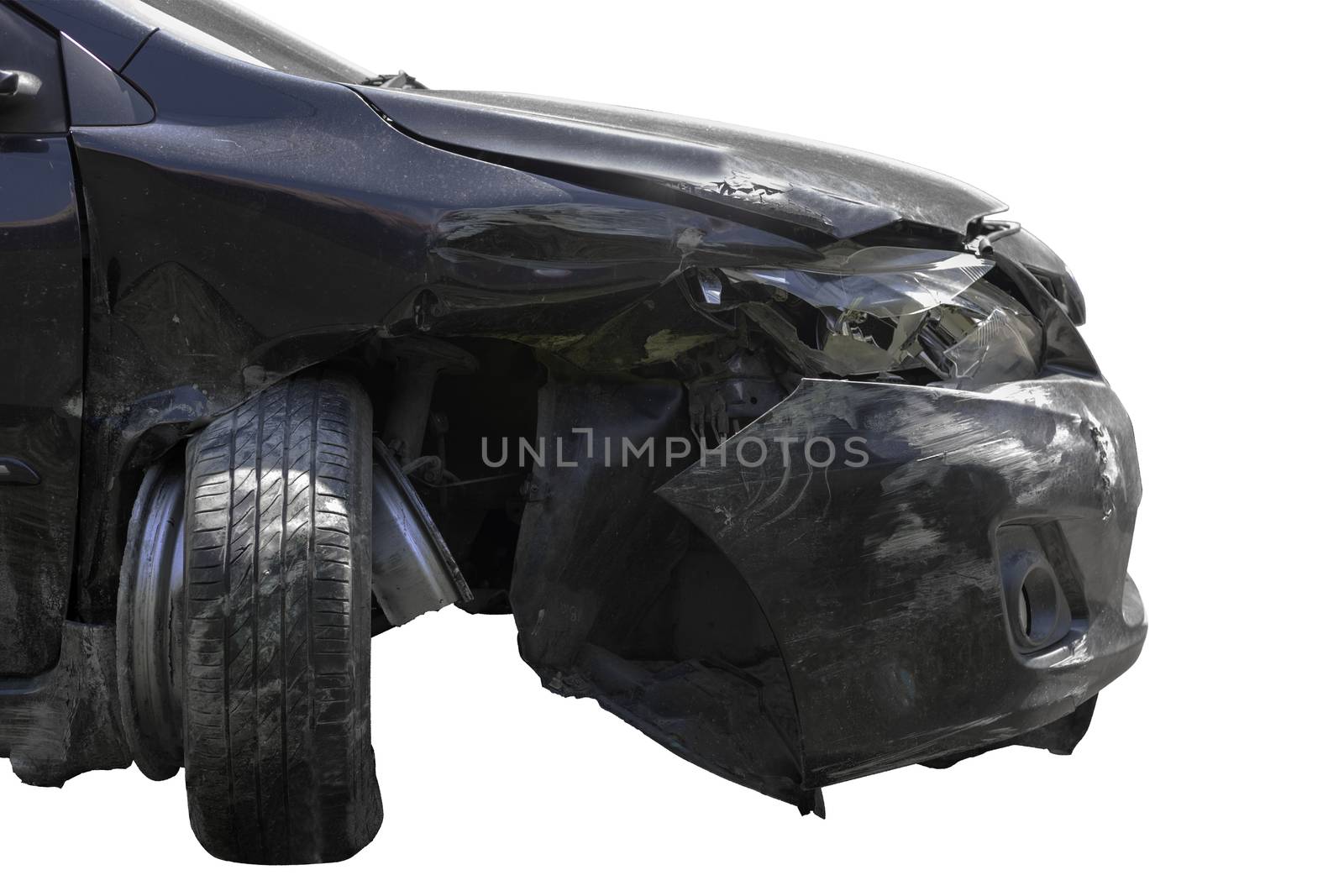Front of black color car damaged and broken by accident isolate on white background. Save with cliping path. Car crash
