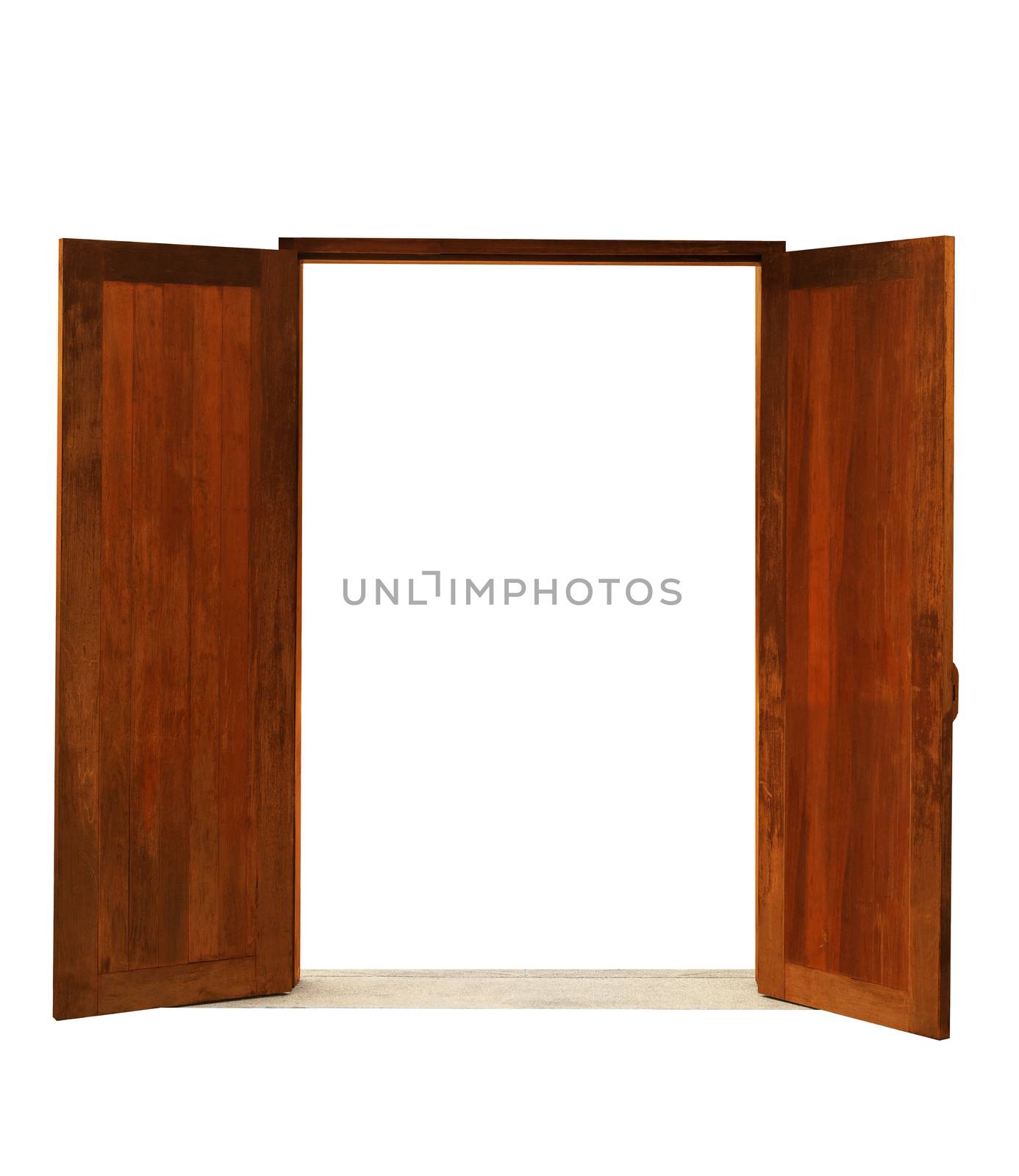Twin wood door open with door frame isolated on white background. Save with clipping path.