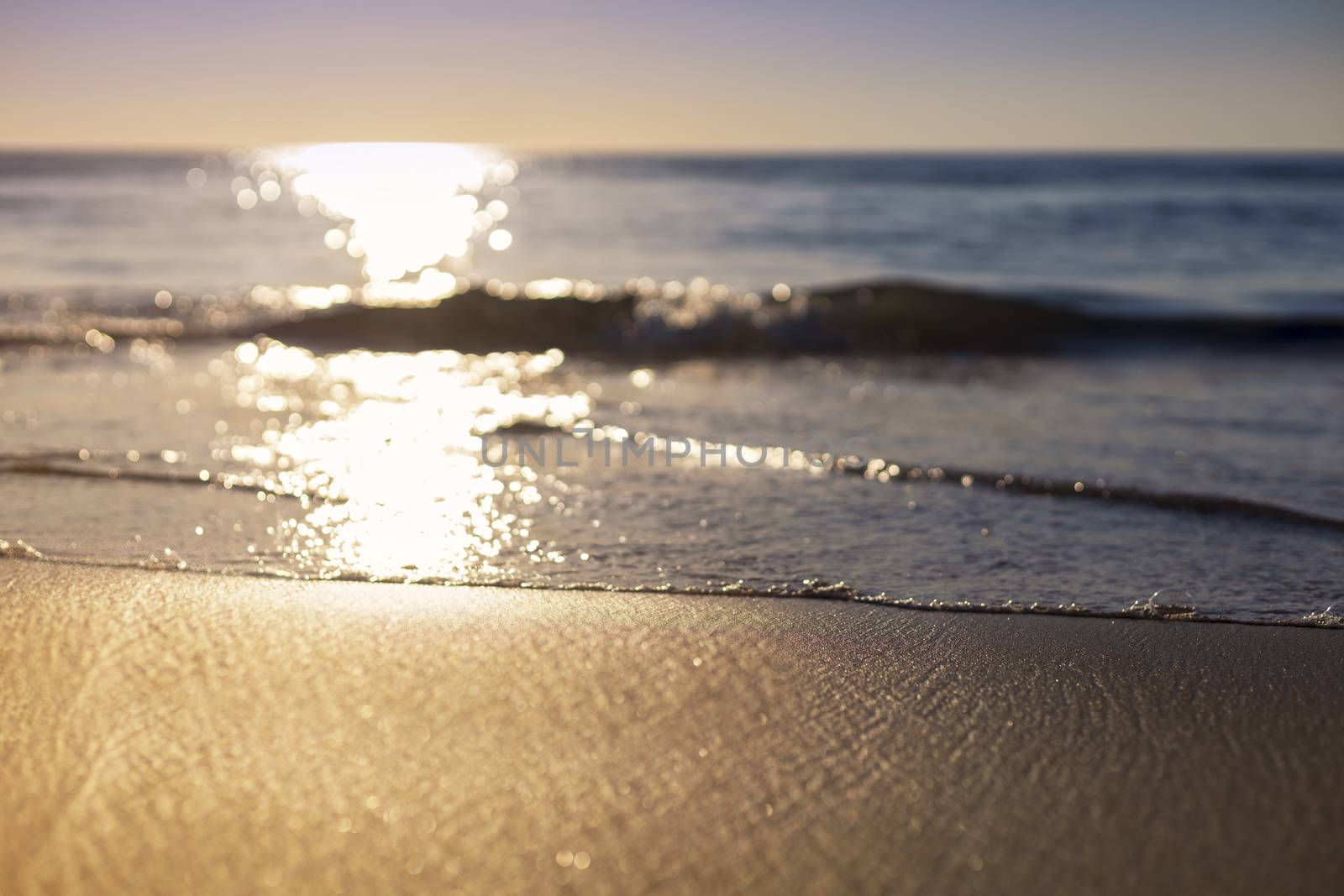 Sunset beach wave from sea come to beach with sun light reflect on water sea soft focus and focus selective to soft wave and sand. with copy space for text or design.