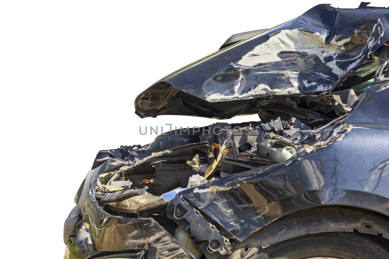 Close up Front of black color car damaged and broken by accident . Isolate on white background. Save with cliping path